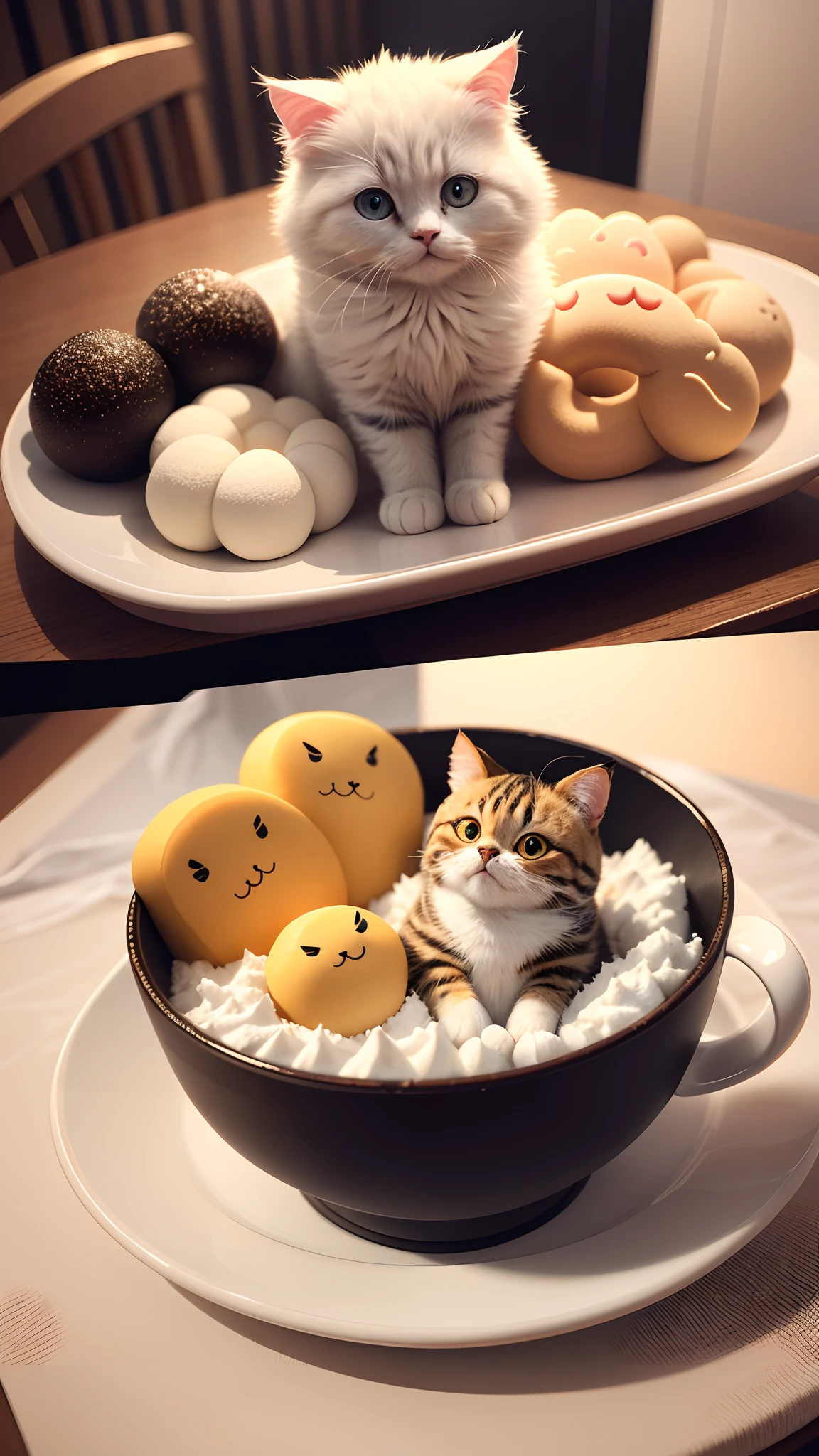 Super cute fluffy cat, Cat in the form of sweets, Food in the form of a cat, Cat dessert, Beautiful cuisine, higly detailed, A detailed eye, Beautiful cuisine, 8K quality, Cinematic