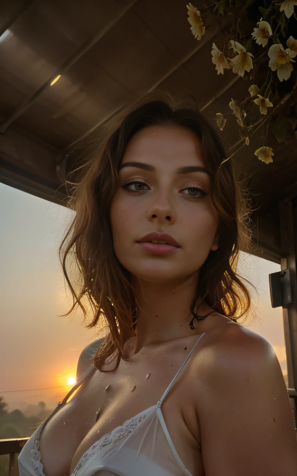 gorgeous sophie turner, african, french, dusty highway, flowers in wind, fog, haze, sweaty, dripping, hot girl, humid, wet hair, see through sexy nightgown, showing clevage, rose petals, beautiful face, sunlit, covered in flowers and petals, godrays, cozy, wet skin, morning dew, backlighting, hazy, golden hour, morning light, erotic mood, alone, countryside, shy, masterpiece, best quality, ultra-detailed, solo, smoke, shadows, contrast, close-up, cinematic light, side lighting, ultra high resolution, best shadow, RAW, 4k, sexy, cleavage