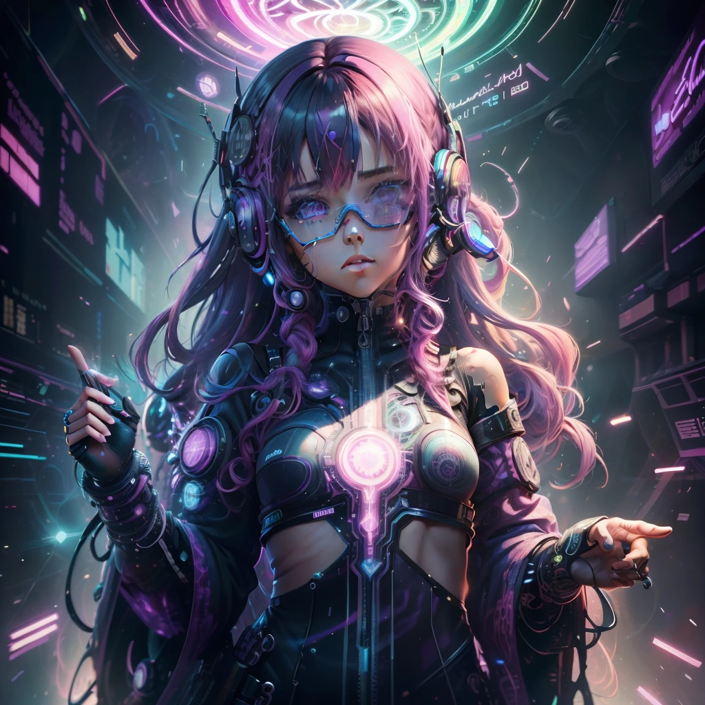 ((Cyberpunk)),optical camouflage、Virtual reality glasses、Neon light、cidade do futuro、Bright jumpsuit with pink color prints、(1girl em, sozinho:1.6),(sorriso bonito),(The clothes are complex with pink colored figures), (Melhor Impacto:1.5), (Maximalismo:1.7), Vivid contrast, (Realistic), Hyperrealistic illustrations, alta resolução, alto contraste, ultra-detalhada, Fotografia profissional, Absurdo,(Arte Fractal:1.3)、Hairstyle Random、Random colored hair color、tiro de corpo inteiro、retro、foco preciso、randome pose、cinema4d、Drama