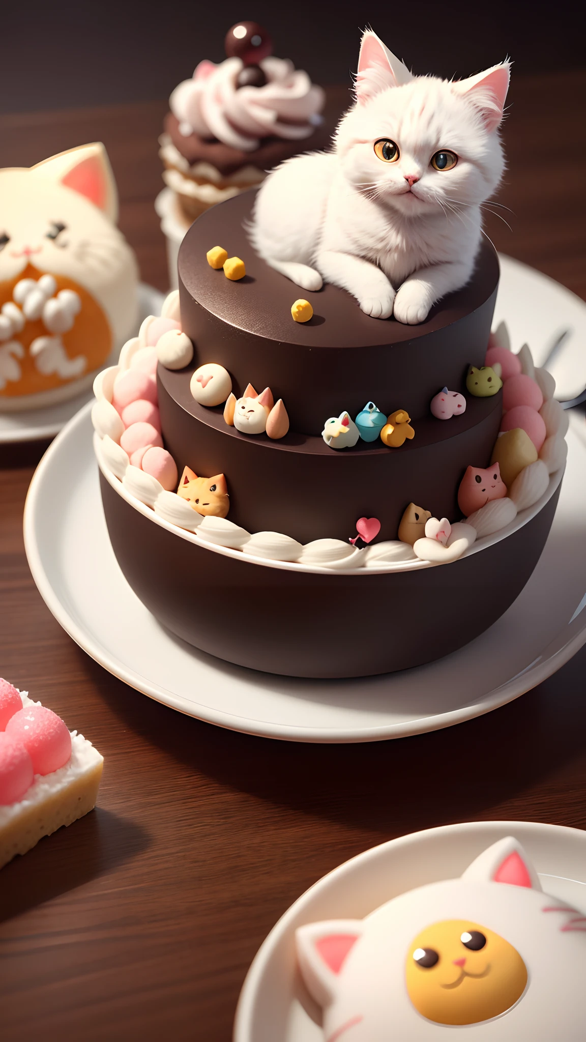 Super cute fluffy cat, Cat in the form of sweets, Food in the form of a cat, Cat dessert, Beautiful cuisine, higly detailed, A detailed eye, Beautiful cuisine, 8K quality, Cinematic