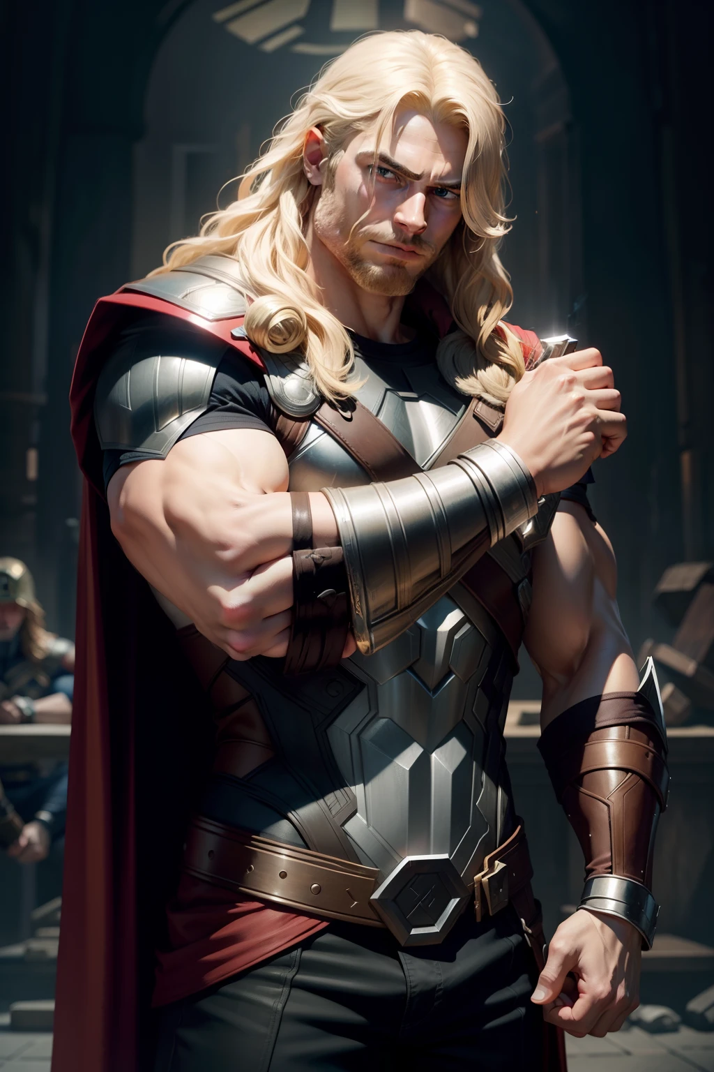 Marvel's Thor holding Mjolnir in one hand and with the other hand he is adjusting/holding a large letter or word