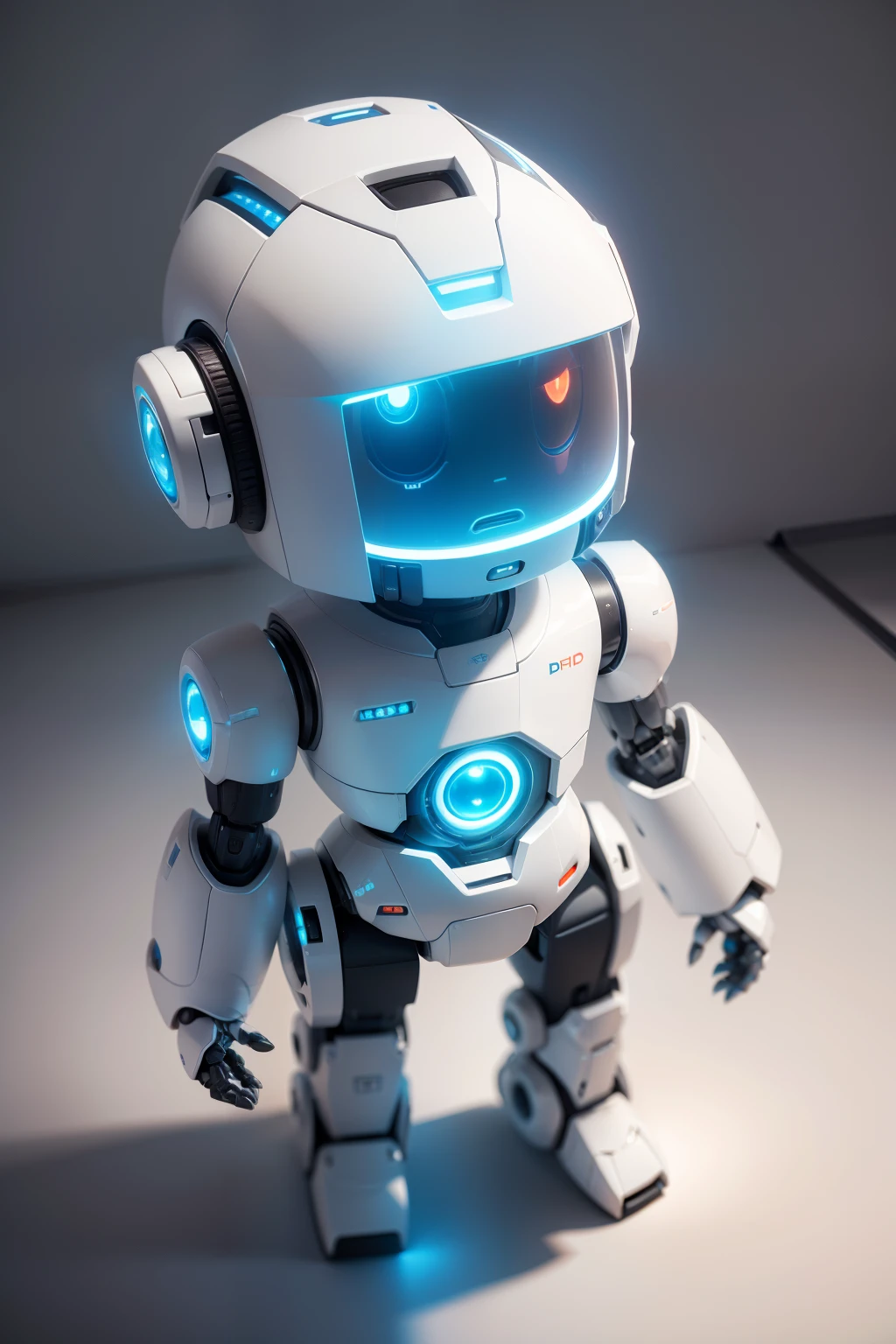 A closeup of a robot with a glowing eye and a white body, cute humanoid robot, cute robot, adorable friendly robot, futuristic robot, humanoid robot close up, futuristic robot body, robot with human face, friendly humanoid cyber robot, bonito 3 d render, Small spot light on robot, humanoid robot, Friendly humanoid robot with one hand raised