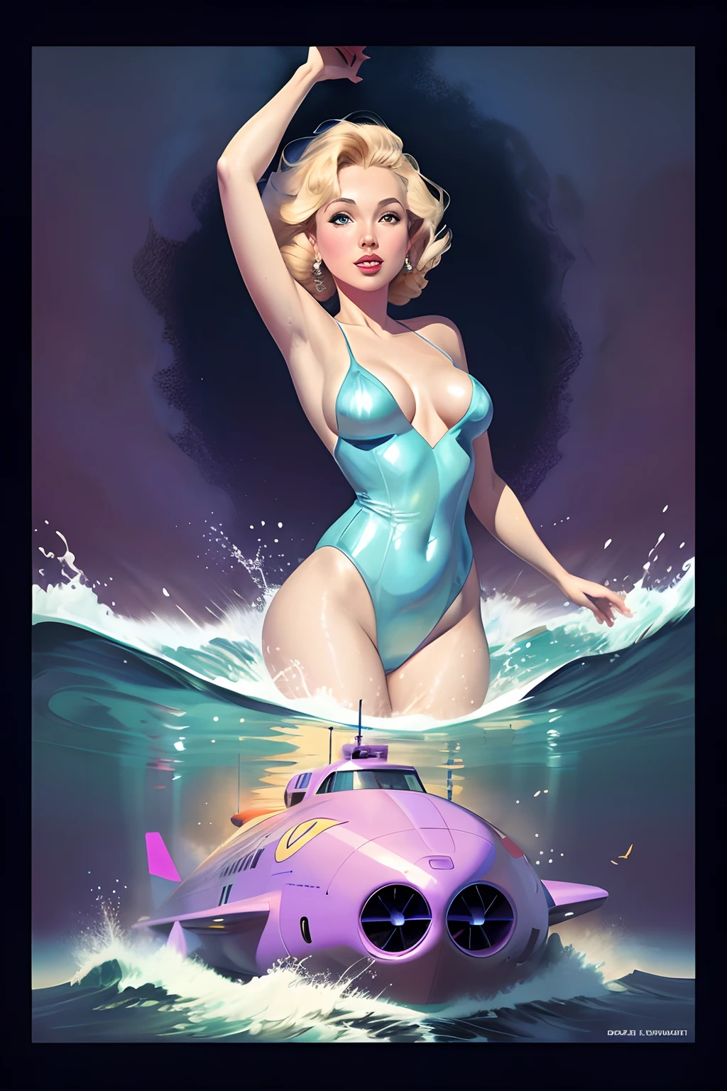 blond haired woman in a blue swimsuit standing in the ocean next to a red submarine, pinup art, chris moore. artgerm, by Bob Ringwood, rob rey and kentarõ miura style, by Pedro Pedraja, 60's sci-fi pinup style, beautiful retro art, moebius + loish + wlop, pinup