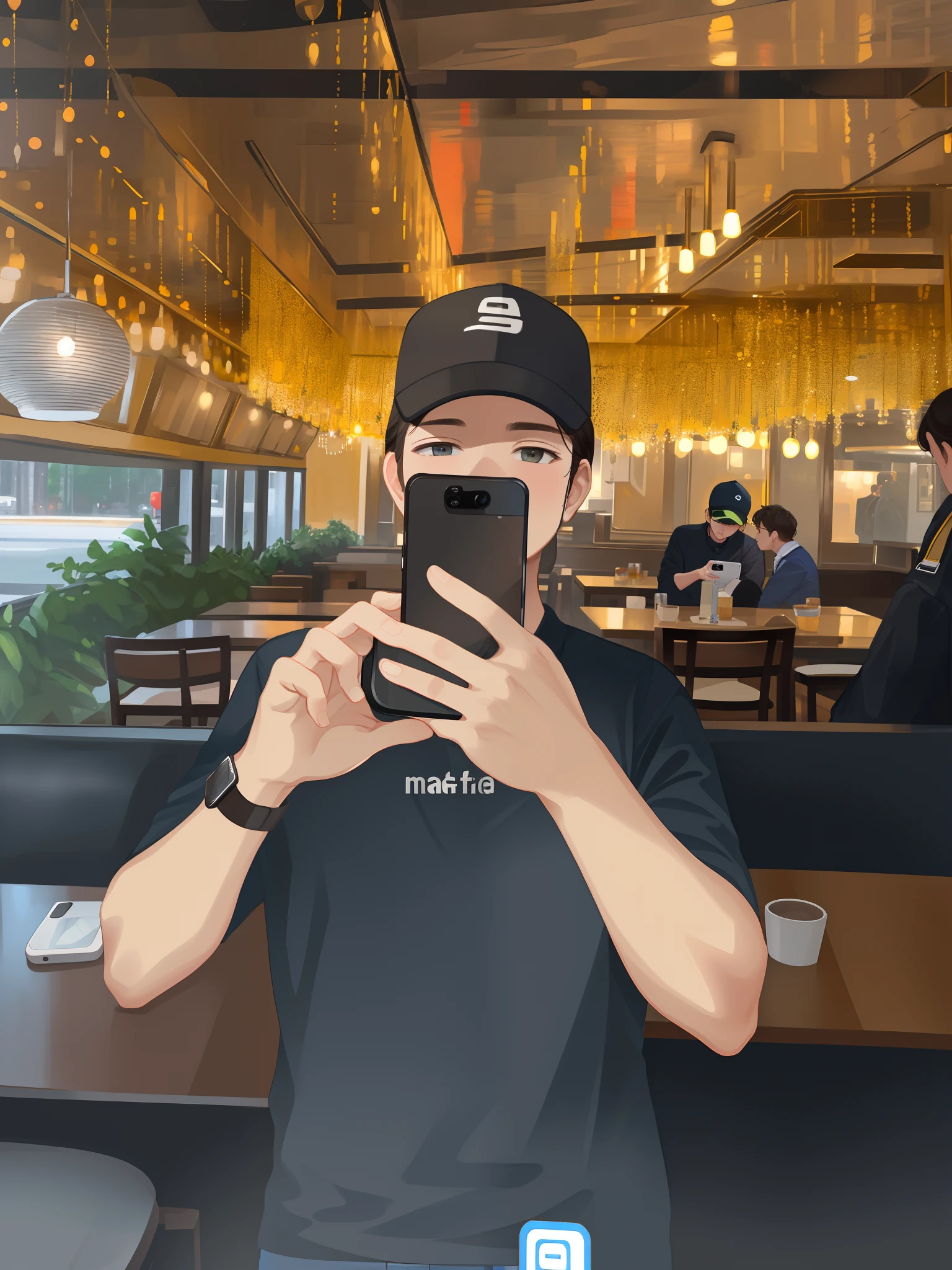 there is a man taking a picture of himself in a restaurant, reflection of phone in visor, reflection of iphone in visor, 8k selfie photograph, phone!! held up to visor, looking at his phone, he is holding a smartphone, standing in a restaurant, Highly Detailed Face and Skin Texture、((Best Quality, 8k, Masterpiece:1.3))),