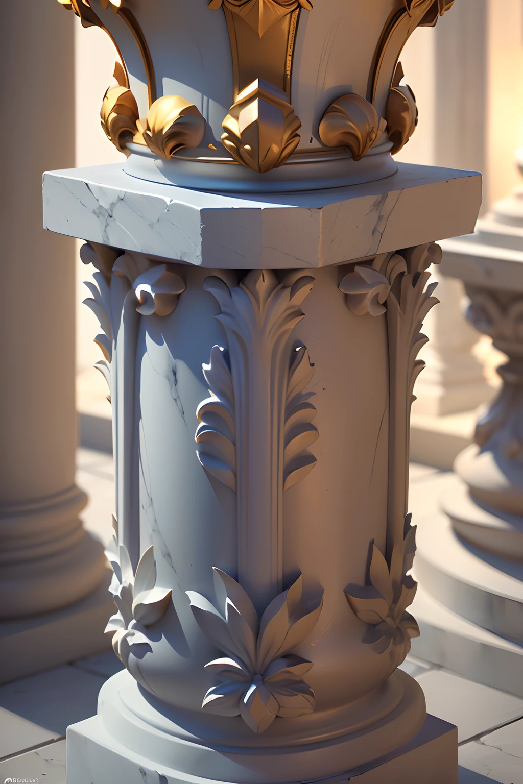 a close up of a pillar with a crown on top of it, a raytraced image by Charles Alphonse du Fresnoy, trending on zbrush central, neoclassicism, ornate, intricate, zbrush