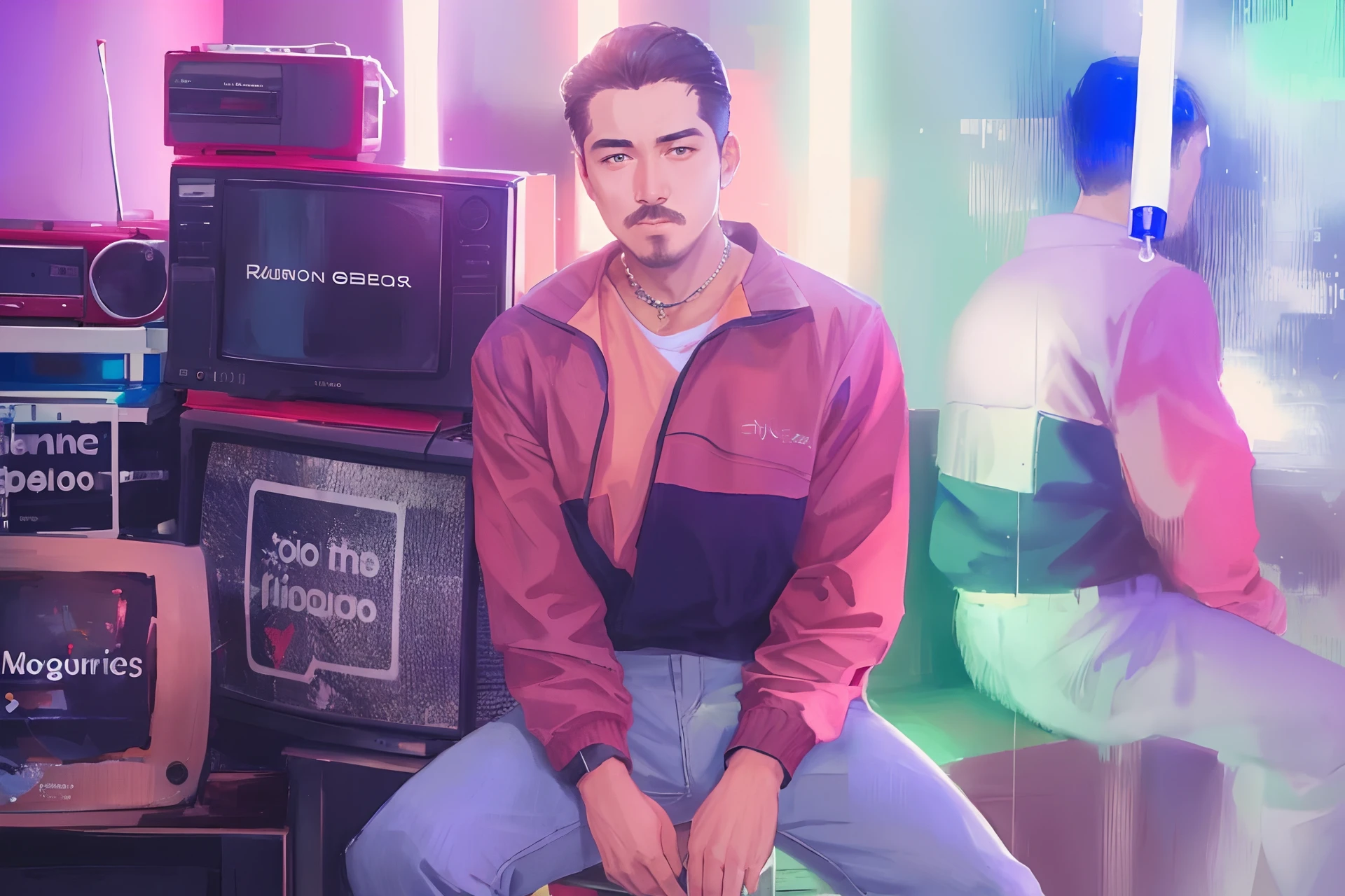 there is a man sitting on a stool in front of a pile of televisions, zigor samaniego style, enes dirig, zigor samaniego, style of seb mckinnon, ramil sunga, khyzyl saleem, style of anton fadeev, andrew gonzalez, yanjun chengt, inspired by Ludovit Fulla, aesthetic!!,Highly Detailed Face and Skin Texture、((Best Quality, 8k, Masterpiece:1.3))),