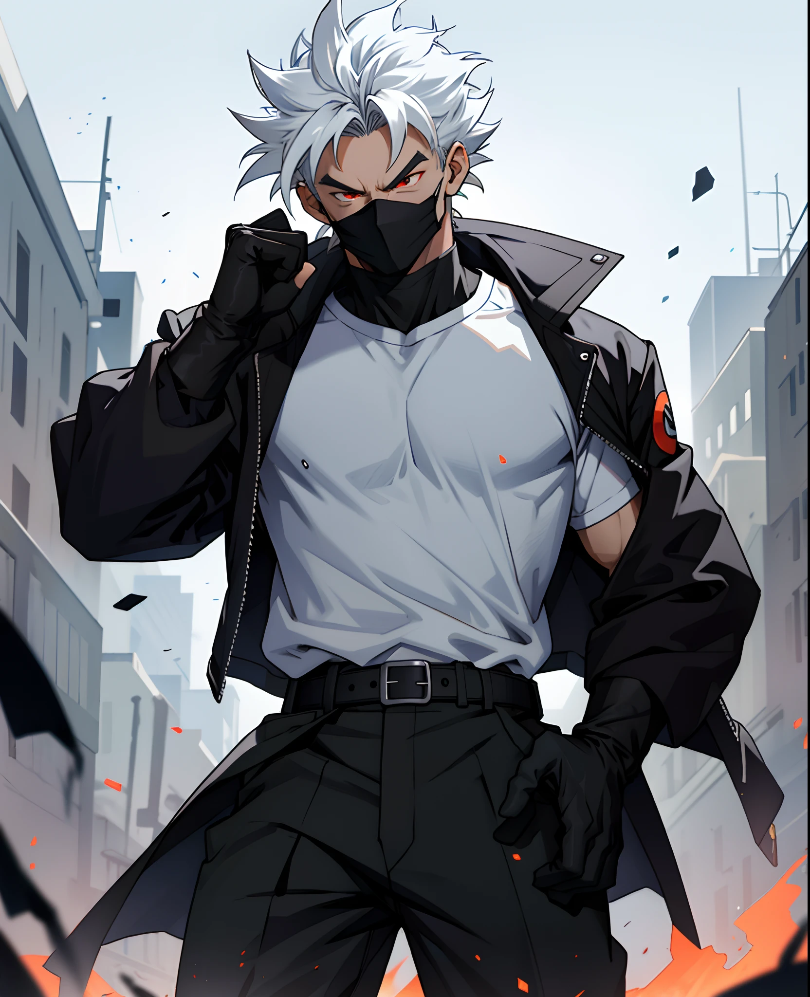 "(((masterpiece)))), best quality, ultra-detailed model, 8k CG unity photo, flawless lighting, quality shadows, a Dragon Ball boy, pushed back haircut , muscle , wearing a black jacket over a white t-shirt , black ClothMask , red eyes , in the night background , black gloves , black mask in his mouth , BLACK JACKET , over the jacket a WHITE SHIRT