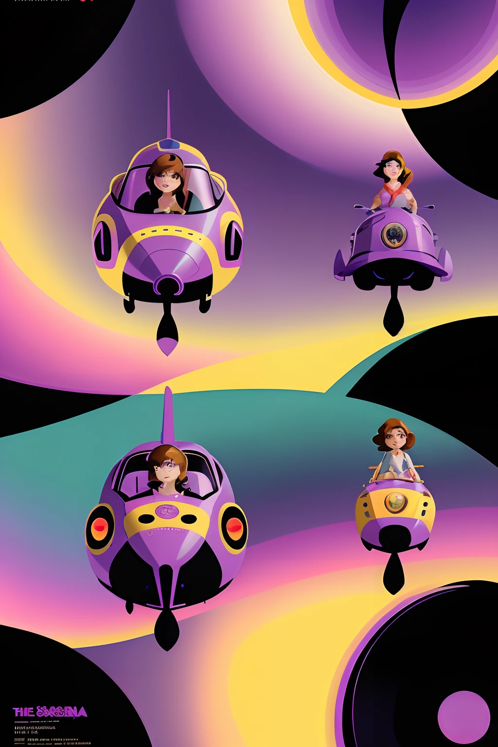 there are three pictures of a woman in a red car, fan art, lisa frank & sho murase, cartoon fantasy spaceship, official illustration, lots of flying cars, promotional art, stylized digital illustration, inspired by Daphne Fedarb, inspired by Victor Moscoso, cute future vehicles, flying vehicles, it is flying through space, duck themed spaceship