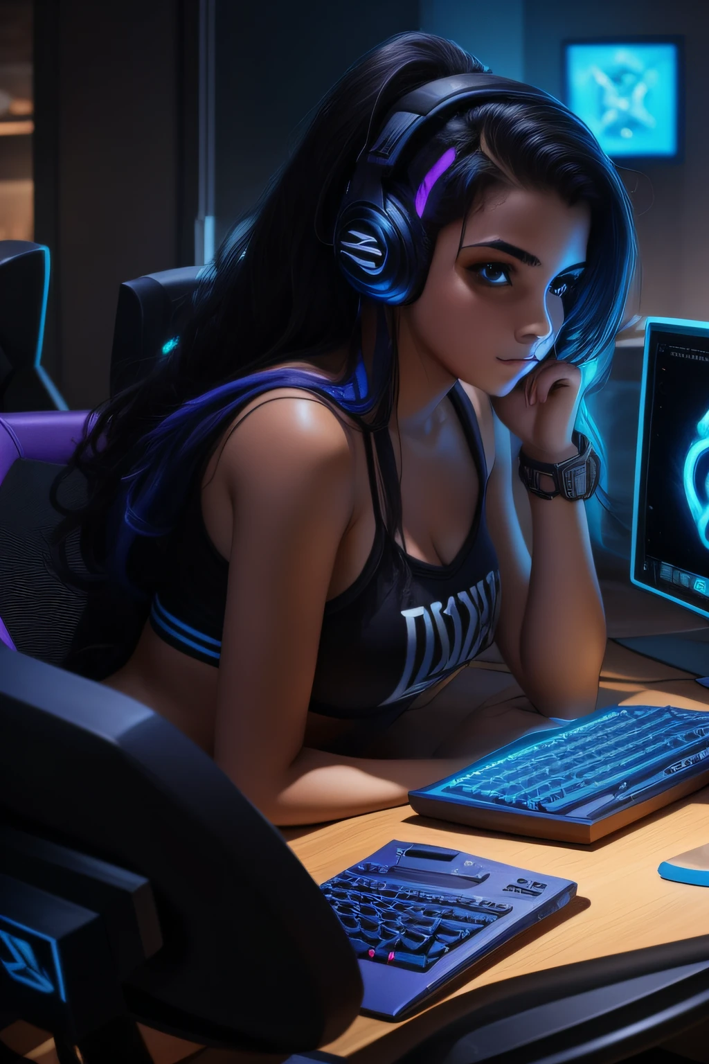 "Rapariga de sexy, jogando League of Legends no computador."