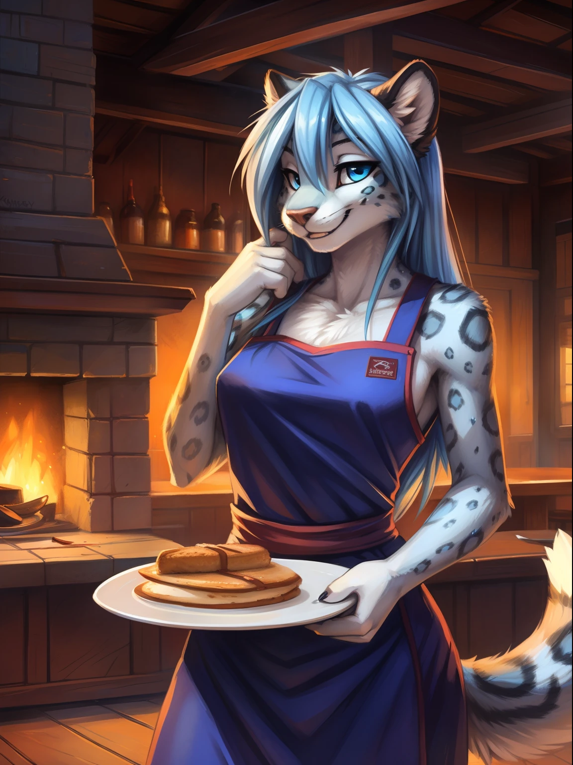 by fluff-kevlar, by Zackary911, by Kenket, by Kilinah, by fluff-kevlar, (masterpiece), (best quality), (cinematic lighting), (anthro furry:1.3, snout:1.2, anthro:1.3, furry:1.2, solo female:1.2), solo, fully body, waitress, full body, (happy expression, perfect posture, smile), restaurant background, long hair, light blue hair, snow leopard, blue eyes