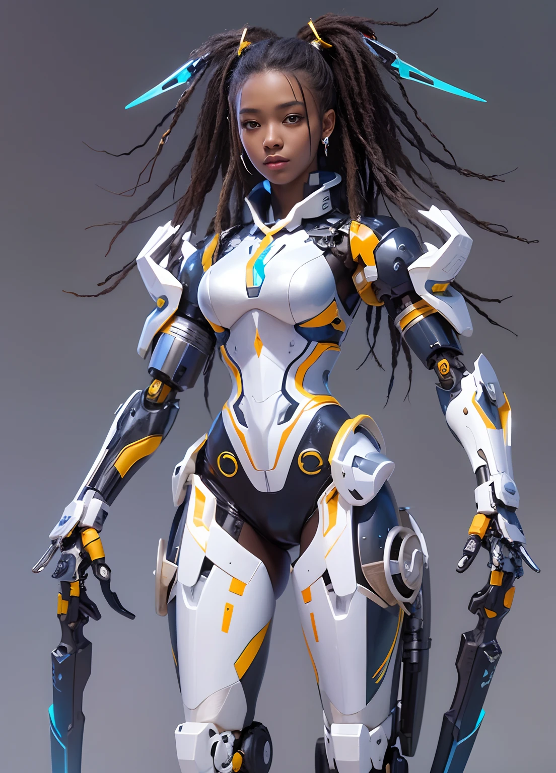 top-quality、masterpiece、超A high resolution、african woman with dreadlocks in a futuristic suit with wings and sword, girl in mecha cyber armor, cyberpunk anime girl mech, anime robotic mixed with organic, Mechanized Valkyrie girl, perfect anime cyborg woman, Cute cyborg girl, female mecha, simple futurist cyborg empress, beautiful girl cyborg, Beautiful robot character design,((Super realistic details)), Realistic character art rendering 8 K, anime robots