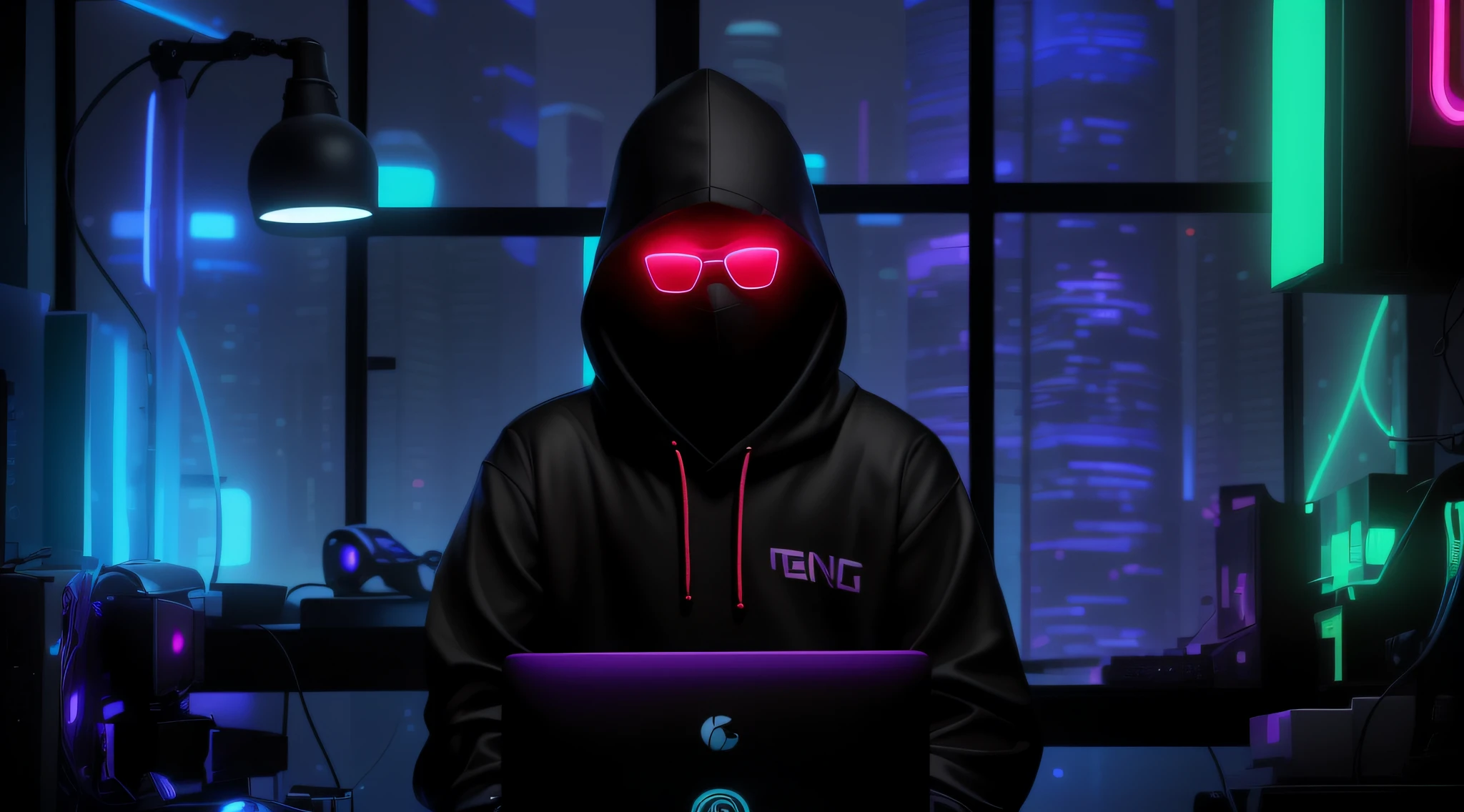 Create a tall 9:16 portrait style image. The upper half will feature additional illustrations related to gaming and technology.In the lower half, a stylish Hong Kong gammer sits behind his laptop in his studio during the night. He's wearing a dark-colored hoodie with the hood covering his head and black glasses. The studio lit by the soft glow of the neon theme, The gammer is looking straight into the camera. To his side, a professional microphone on a stand, ready to be used. The studio's decor is cyber punk, gaming style and neon theme, with a nighttime cityscape visible through a window, the glow of neon-themed buildings of Hong Kong against a dark night sky visible in the background. The overall ambiance of the image should convey a sense of dedication, creativity, and connection to AI technology. hyper realistic, highly detail, 4K