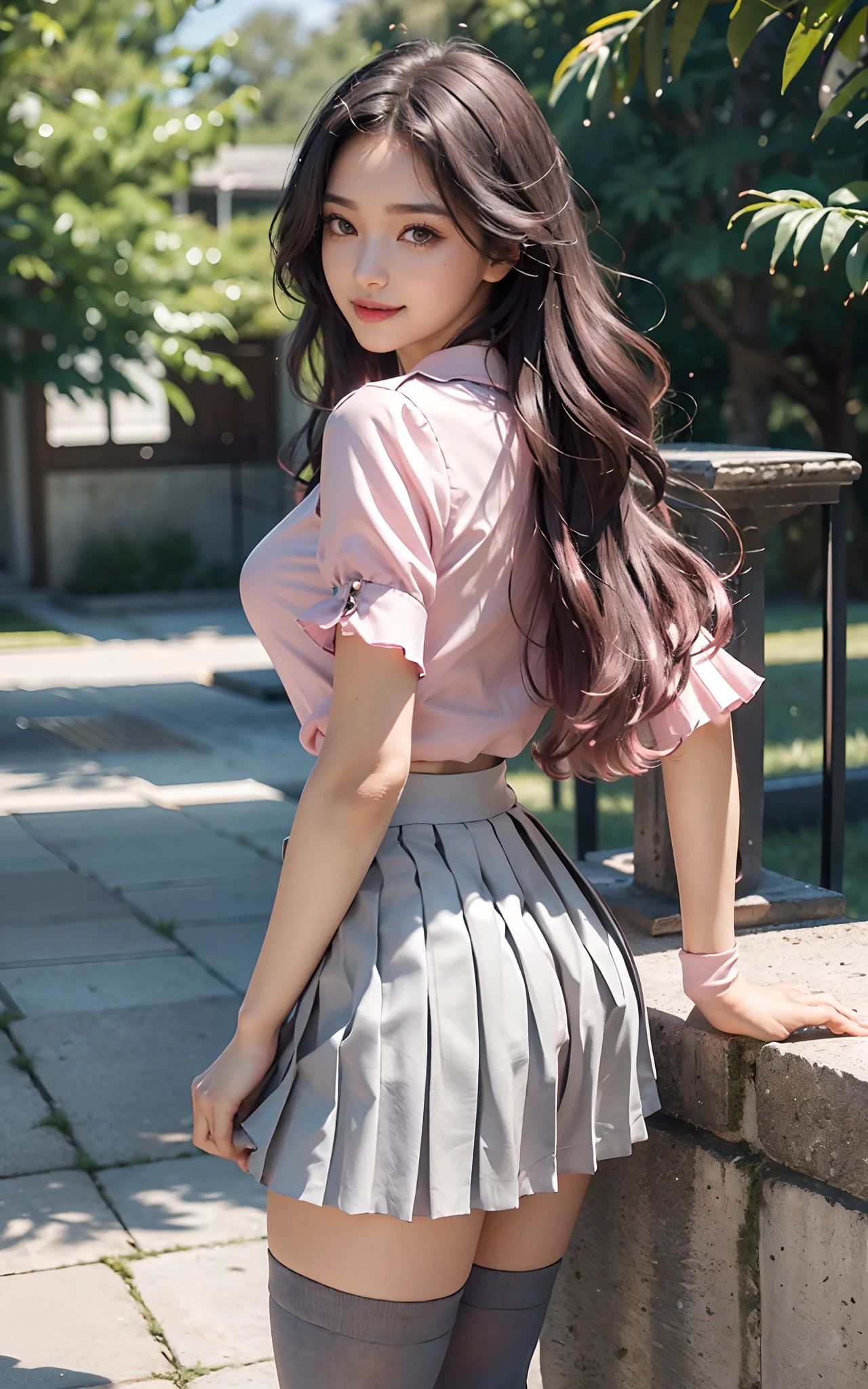 (huge breasts), (18 years old), (Very small head), Daylight, Sunlight, (Perfect Body:1.1), ((high school uniform), ((pink blouse)), ((light gray skirt)), ((pleats skirt)), ((black over knee socks))), (short hair, wavy hair, dark brown hair, pink and blue streaked hair), ((FullBody)), (8K), (extremely delicate and beautiful), (MasterPiece), (Best Quality:1.0), (realisitic), Realistic Shadows, (High Resolution:1.0), Detailed skin, Ultra-detailed, Slim body, (Beautiful hair, Real Hair, detailed hairs), blush, Photorealistic, Realistic face, Realistic eyes, Small eyes, Happy smile, (((Colorful))), (eye liner), (mascara), (eye shadow), looking at viewer, back view, from behind,