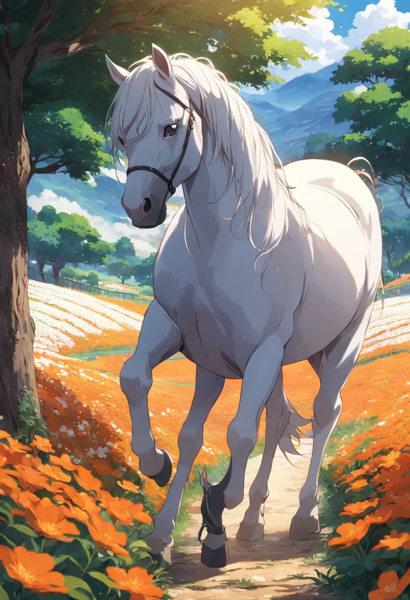 um cavalo branco caminhando por um campo laranja de flores, gifs animados