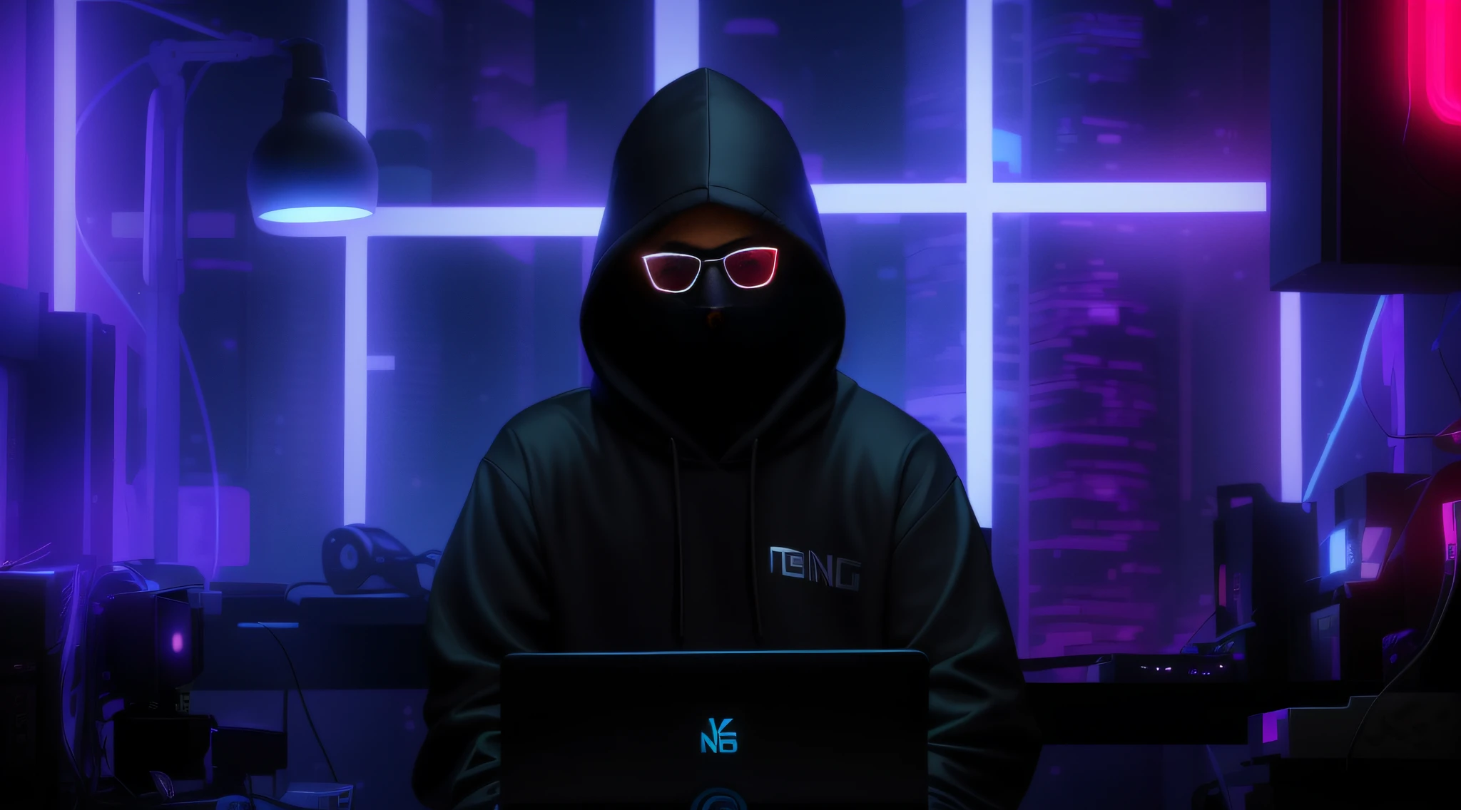 Create a tall 9:16 portrait style image. The upper half will feature additional illustrations related to gaming and technology.In the lower half, a stylish Hong Kong gammer sits behind his laptop in his studio during the night. He's wearing a dark-colored hoodie with the hood covering his head and black glasses. The studio lit by the soft glow of the neon theme, The gammer is looking straight into the camera. To his side, a professional microphone on a stand, ready to be used. The studio's decor is cyber punk, gaming style and neon theme, with a nighttime cityscape visible through a window, the glow of neon-themed buildings of Hong Kong against a dark night sky visible in the background. The overall ambiance of the image should convey a sense of dedication, creativity, and connection to AI technology. hyper realistic, highly detail, 4K