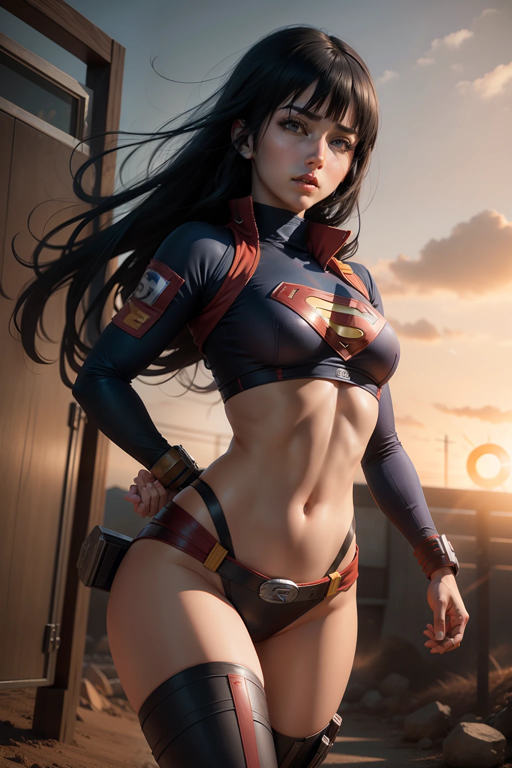 hinata hyuga (naruto) x superman, solo girl, full body, perfect body, detailed, realistic, female, Cinematic Experience