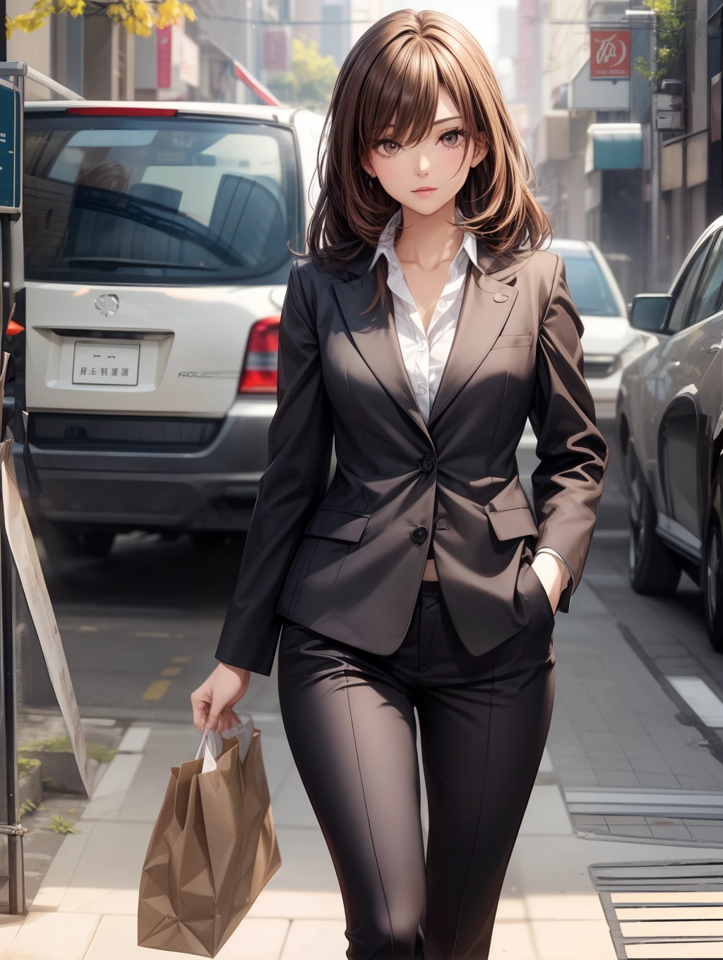 Best Quality, masutepiece, beautiful mature women、Beautiful face、Strong-minded woman、Office Suits、brown haired、Brown-eyed、Longhaire、Undersized eyes、Hold out a small paper bag、Full body like
