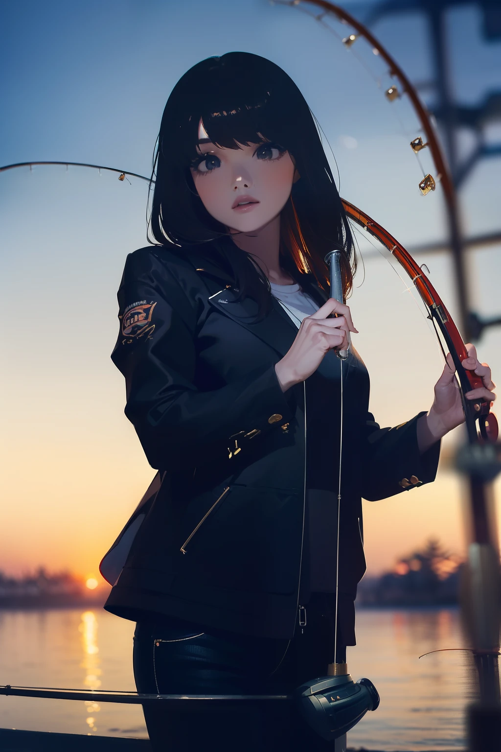 ((((having a fishing rod with a reel by the lakeside:1.5)))),((Female 28 years old)),((Best Quality:1.5)),(((Hands with the correct number and structure of fingers:1.4))),((Big fish:1.37)),hight resolution,ultra-detailliert,​masterpiece,best qualtiy,(Eight-headed body),Black hair, long eyes-lashes, Solid Circle Eyes, drop shadow, Atmospheric perspective,Super Detail, ccurate, small brest,(Black jacket and black jeans :1.1),top-quality, blurry backround, bokeh dof:1.2, (​masterpiece:1.3),  Atmospheric perspective,Super Detail,dynamic compositions,