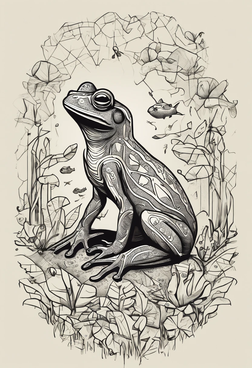 (fundo branco:1.4),(Silhouette of frog wearing glasses , lime jans , Elementos africanos),(Chinese illustration:1.3,arte em papel:1.3, Arte em papel acolchoado:1.2),( Reasonable design, linhas claras, alta nitidez,best quality, Very detailed, master part, Efeito de luz do filme, 4k )