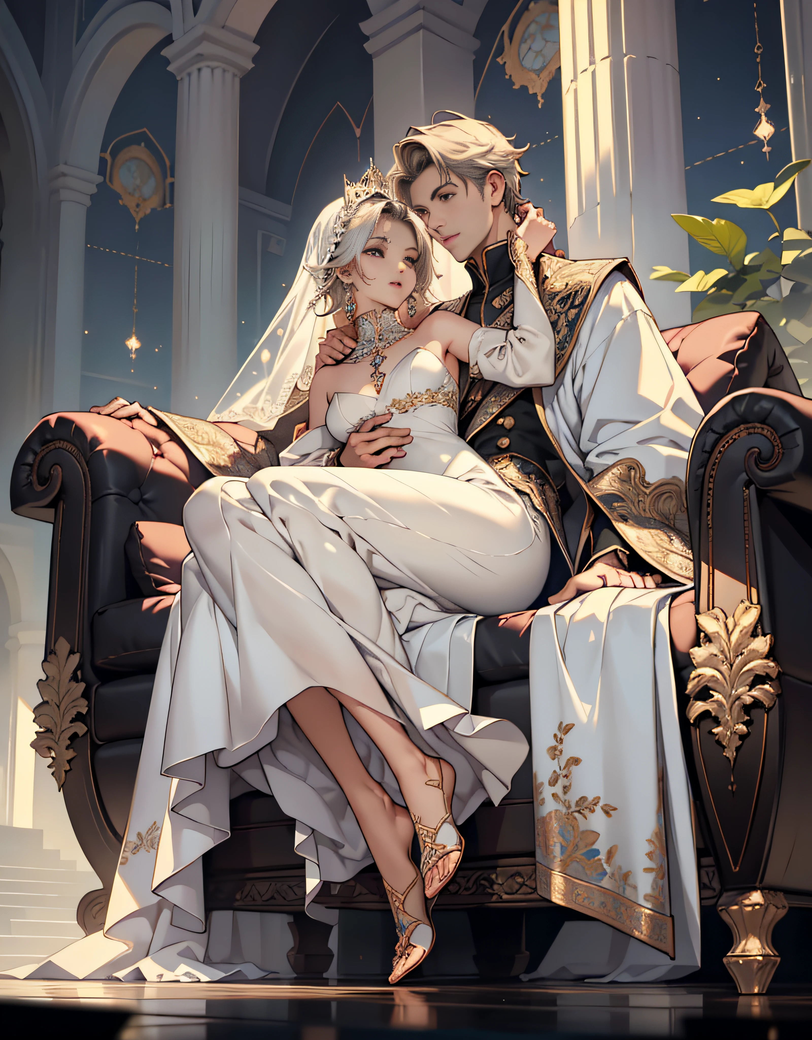(((full body Esbian:1.3)))、(Master Parts, Best Quality, alto, ultra-detailliert), 详细的脸, A detailed eye, detailedskin, depth of fields, lightweighthigh-quality、((low angles:1.2))、Close up portrait of a person with a woman in a dress, Man lifting female off the ground, Woman with her feet off the ground, Strong Man ,Long Shot Photography、Glamour Shot、Front or Back、(full body1.15)、1womanl、Adults、fully body photo、bionde、Sitting on the side、with extremely beautiful facial features、robe blanche、Hairpin on the head、perfect hand、Soft light、ornate、looking at the viewers、White long dress、ren、femele、A queen、leggy、robe blanche、Beautiful veil、Pedras preciosas、ornamented、embroideries、florals、Georgia、relax、the emperor、White Long Dress Clothes、beautiful fantasy queen、Lie down on a sofa、、Strapless、Shoulder out、Attractive and sexy、Princess Hug、backs、Revealing clothing、, hight resolution、Put your hands around your neck、cuddling、Sleeveless,,Land of Gems,(The artwork, Best Quality) Close up portrait of a person with a woman in a decorative dress, Man lifting female off the ground, Woman with her feet off the ground, Strong Man , (