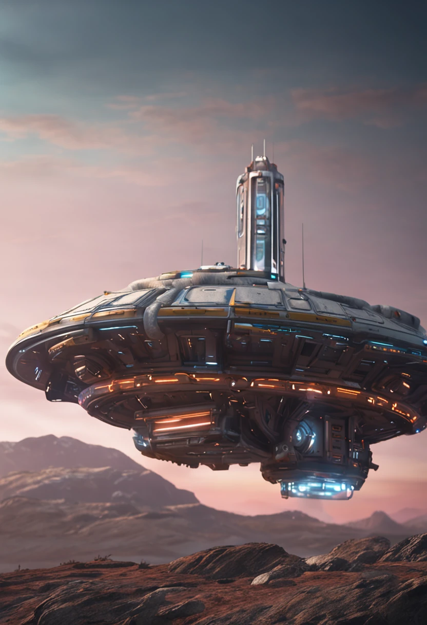 space station, lights, grey, medium sized, docking pad, landing pad, science fiction