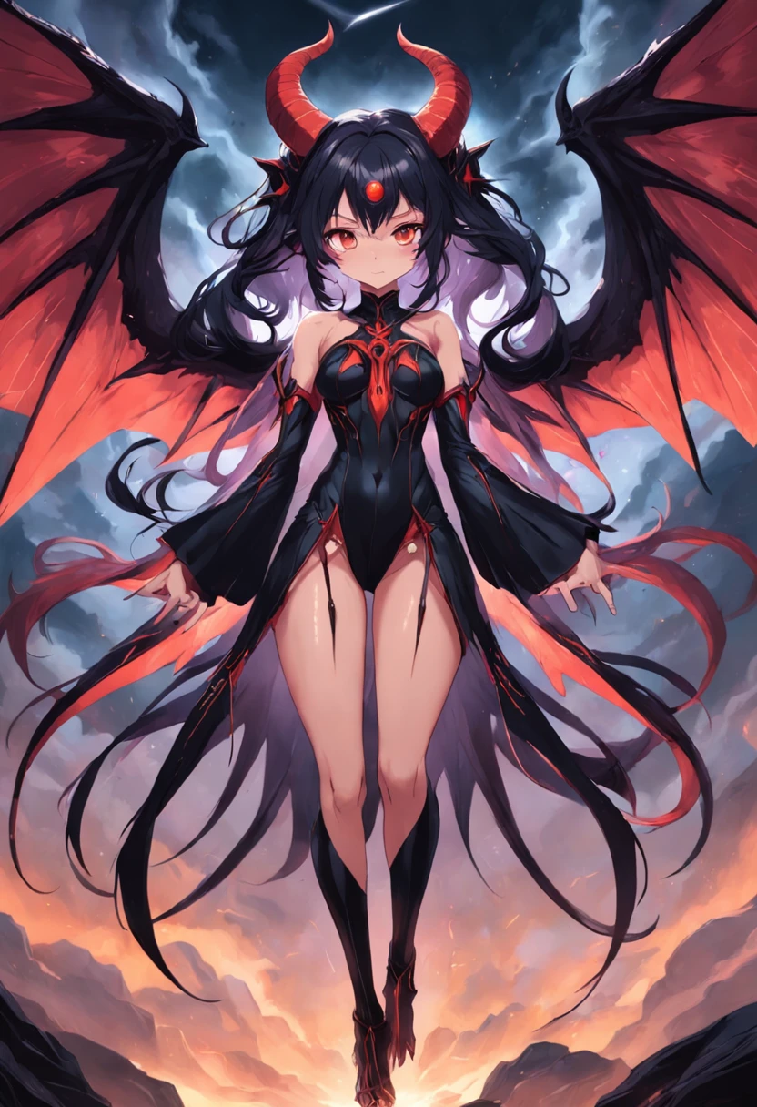 Crie uma succubus. Ela deve ter pele vermelha, symmetrical face, chifres retorcidos, olhos completamente negros, cabelos longos e negros. Seu corpo deve ter seios grandes, cintura fina, quadris largos e coxas grossas. She must possess a pair of demon wings located on her back and a tail with an arrow at the tip.