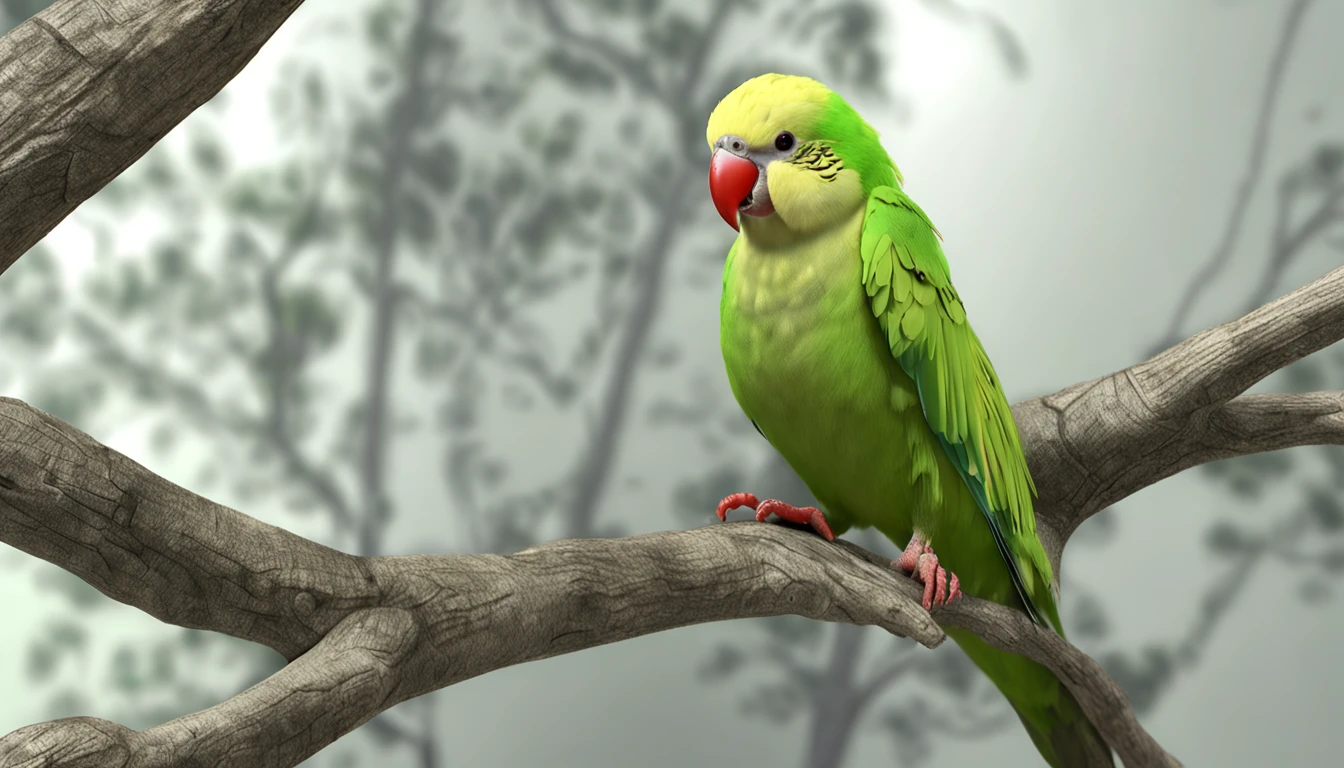 a light green and lemon green parakeet bird that is in a tree is the main protagonist Natural realistic rendering, fotorrealista altamente detallado, render fotorrealista, Arte conceptual fotorrealista, Render hiper real, Renderizado 3D realista rojo, Aves f CGsociety, Imagen fotorrealista, fotorrealista altamente detallado, Renderizado detallado hiperrealista, Imagen detallada fotorrealista, Red bird, super detailed render, Renderizado de alta calidad