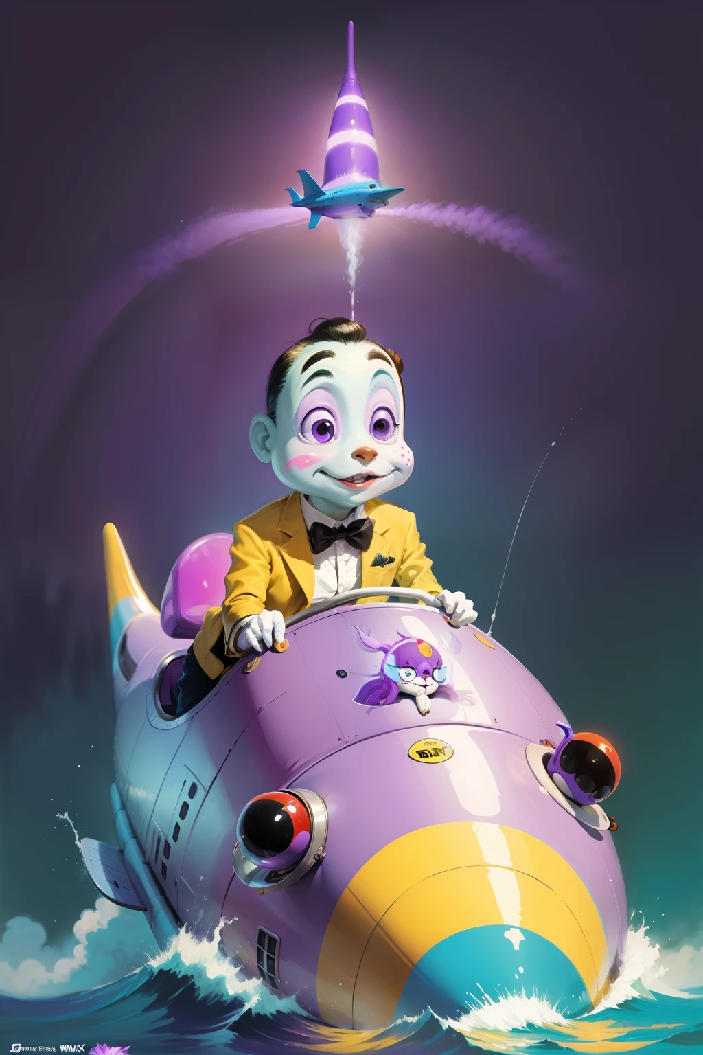 Pee wee Herman on a purple submarine, concept art, 4k, in the style of peter max