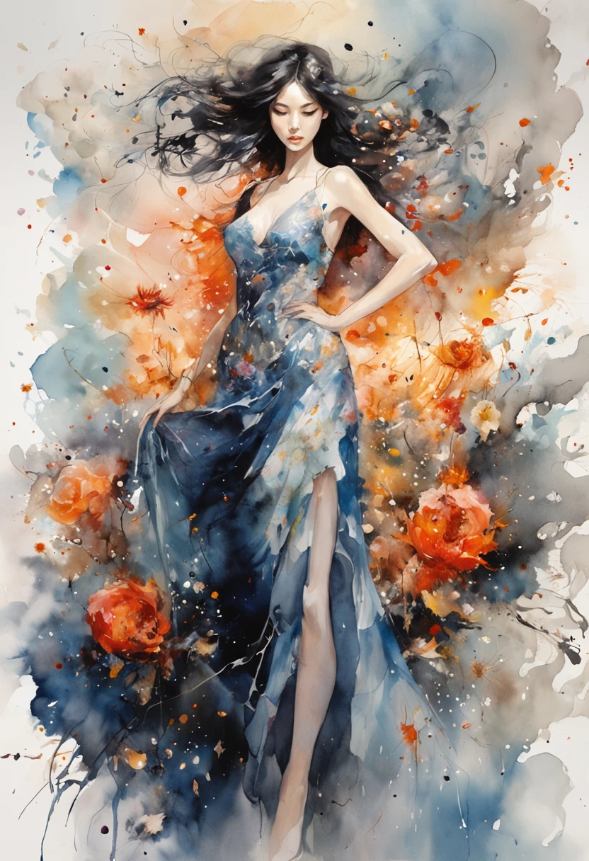Carne Griffiths, Wadim Kashin, James Jean, Peter Draws. Full body of a female in spinning wedding dress with very long voluminous black hair surrounded by powered painted flowers exploding around her, smoke explosion, light particles, emitting diodes, smoke, sparks, perfect composition, beautiful, detailed, intricate, octane render, 8K, soft natural light, chiaroscuro, masterpiece,