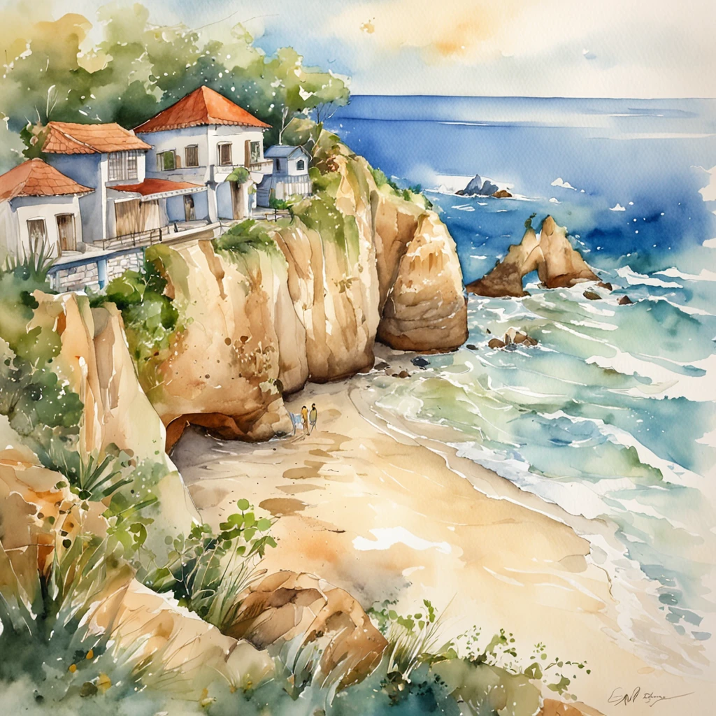casa de praia, com visao de ondas do mar e gaiovotas em um dia ensolarado::n desenho, baixa qualiadade, anime,texto, assinatura