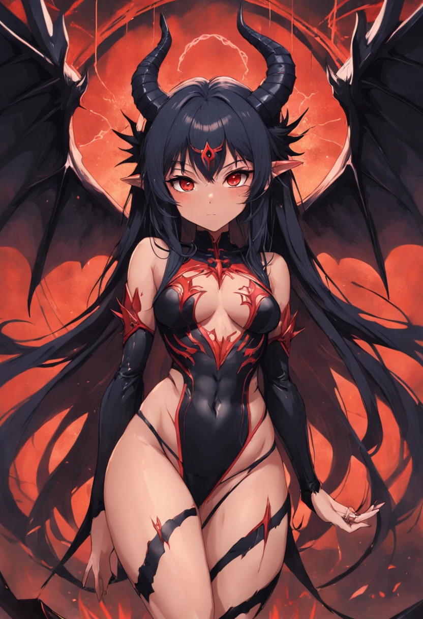 Crie uma succubus. Ela deve ter ((pele vermelha)), symmetrical face, chifres retorcidos, olhos completamente negros, cabelos longos e negros. Seu corpo deve ter ((seios grandes)), cintura fina, quadris largos e coxas grossas. She must possess a pair of demonic wings located on her back and a tail with an arrow at the tip. She wears a low-cut bra and thong panties dug into.