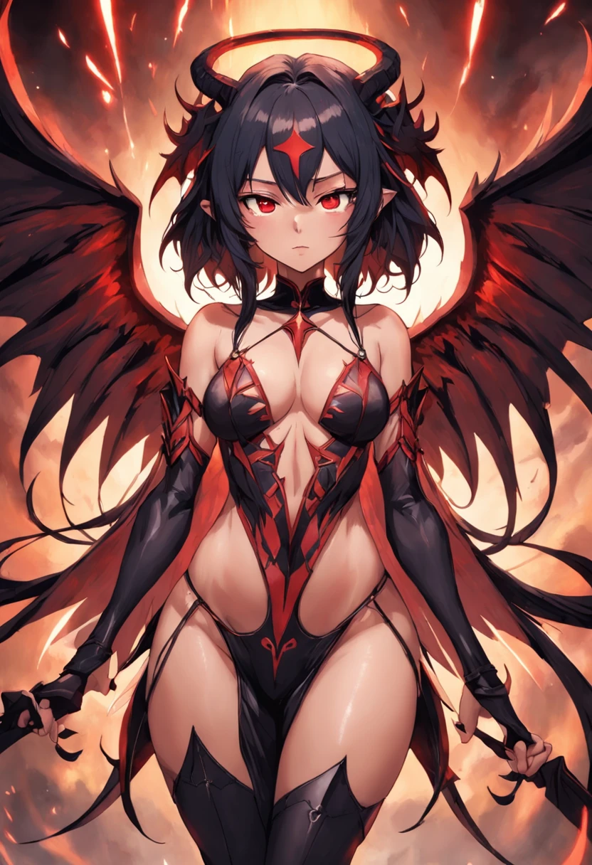 Crie uma succubus. Ela deve ter ((pele vermelha)), symmetrical face, chifres retorcidos, olhos completamente negros, cabelos longos e negros. Seu corpo deve ter ((seios grandes)), cintura fina, quadris largos e coxas grossas. She must possess a pair of demonic wings located on her back and a tail with an arrow at the tip. She wears a low-cut bra and thong panties dug into.