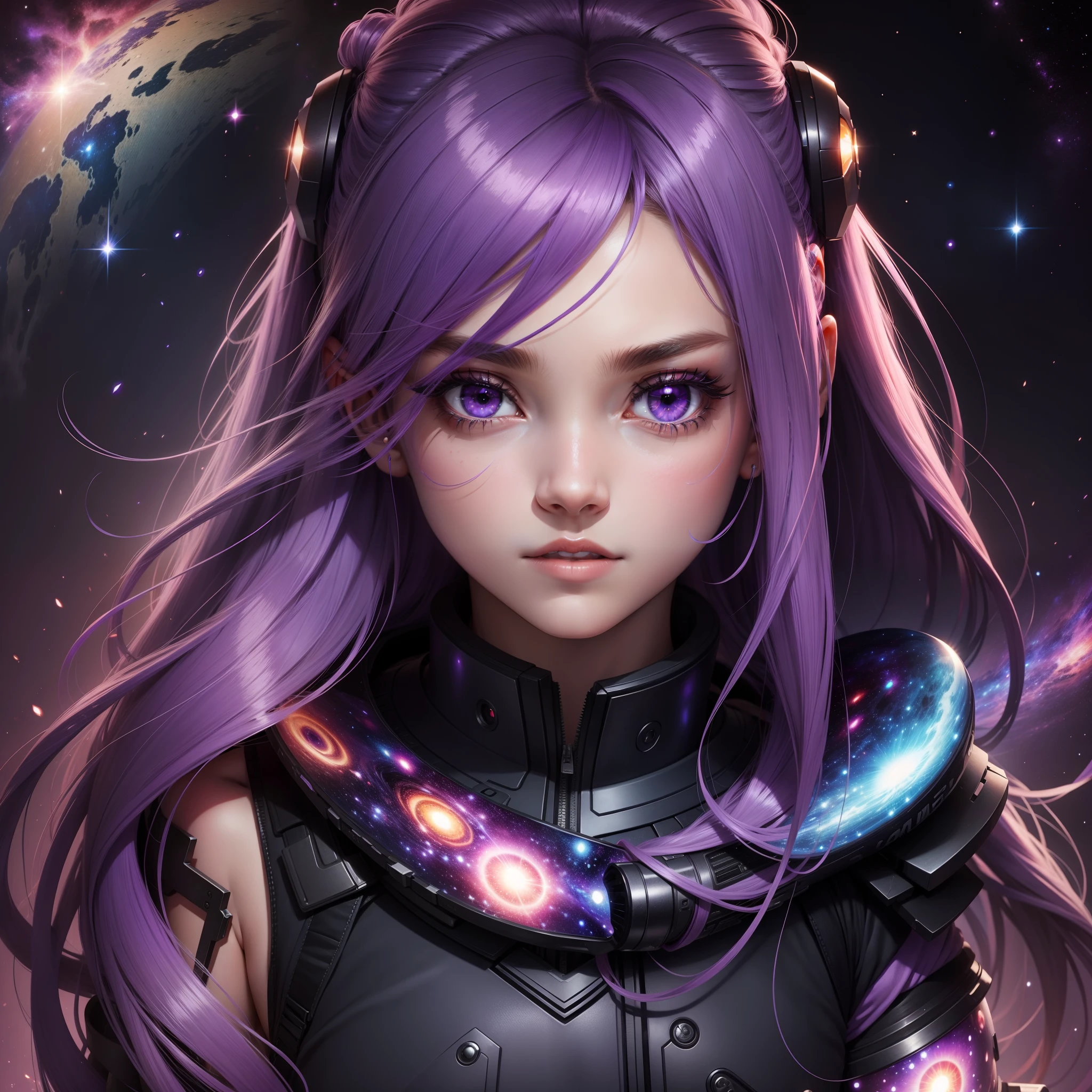 Galaxy, girl, hair purple, eyes red