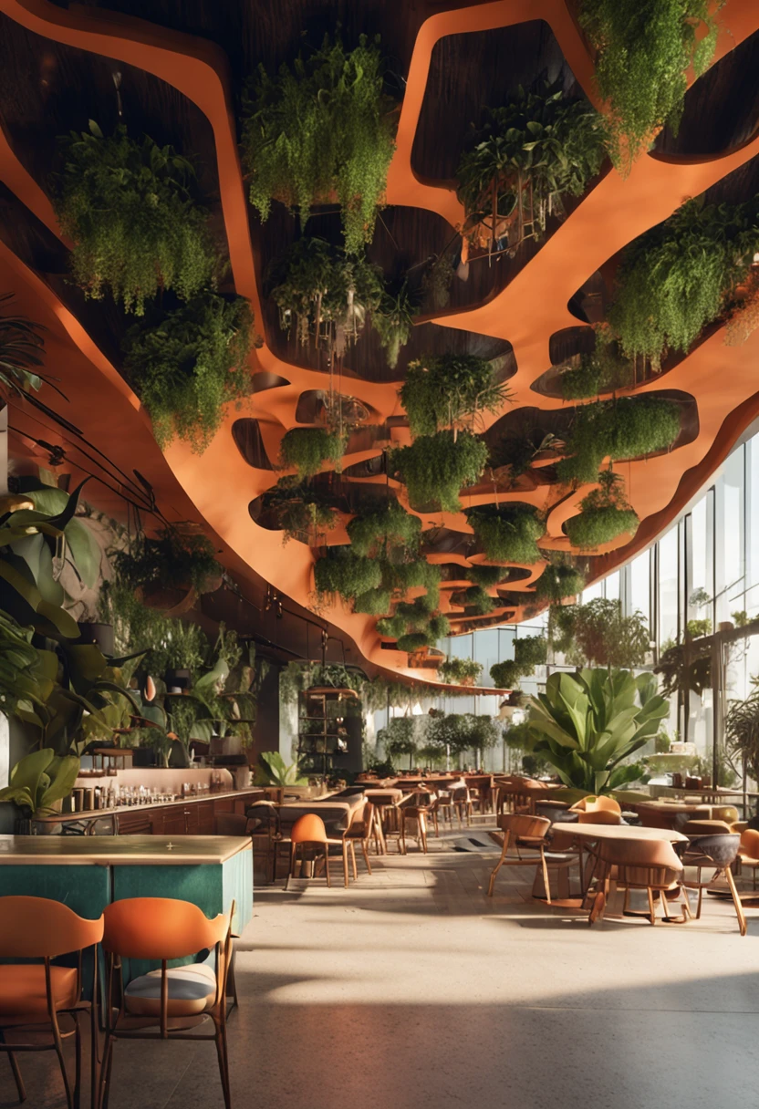 Interior of café in Brasilia with lots of vegetation around the terrace, interior design, architecture futuriste acceuillante, solarpunk