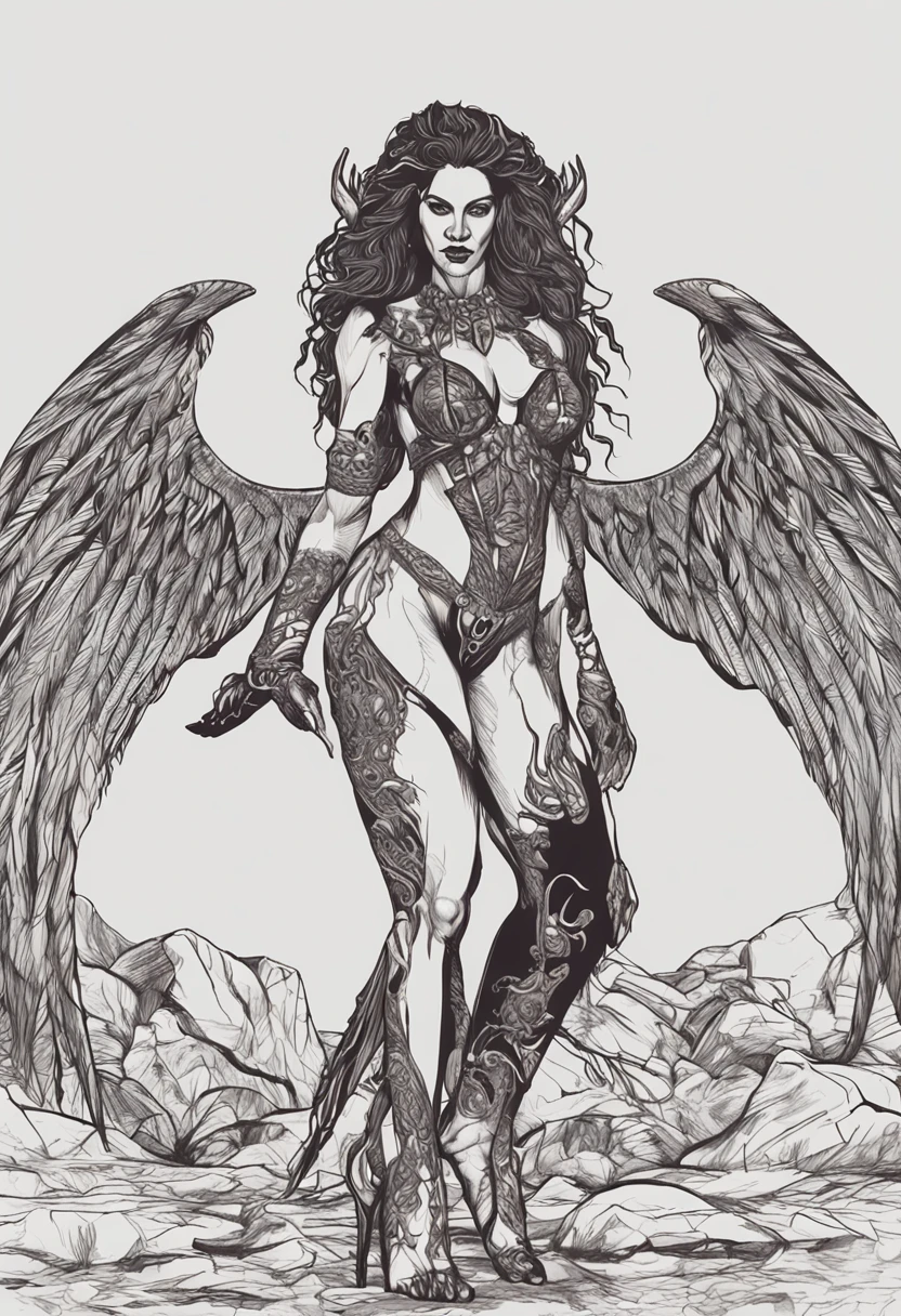 Crie uma succubus. Ela deve ter ((pele vermelha)), symmetrical face, chifres retorcidos, olhos completamente negros, cabelos longos e negros. Seu corpo deve ter ((seios grandes)), cintura fina, quadris largos e coxas grossas. She must possess a pair of demonic wings located on her back and a tail with an arrow at the tip. She wears a low-cut bra and thong panties dug into.