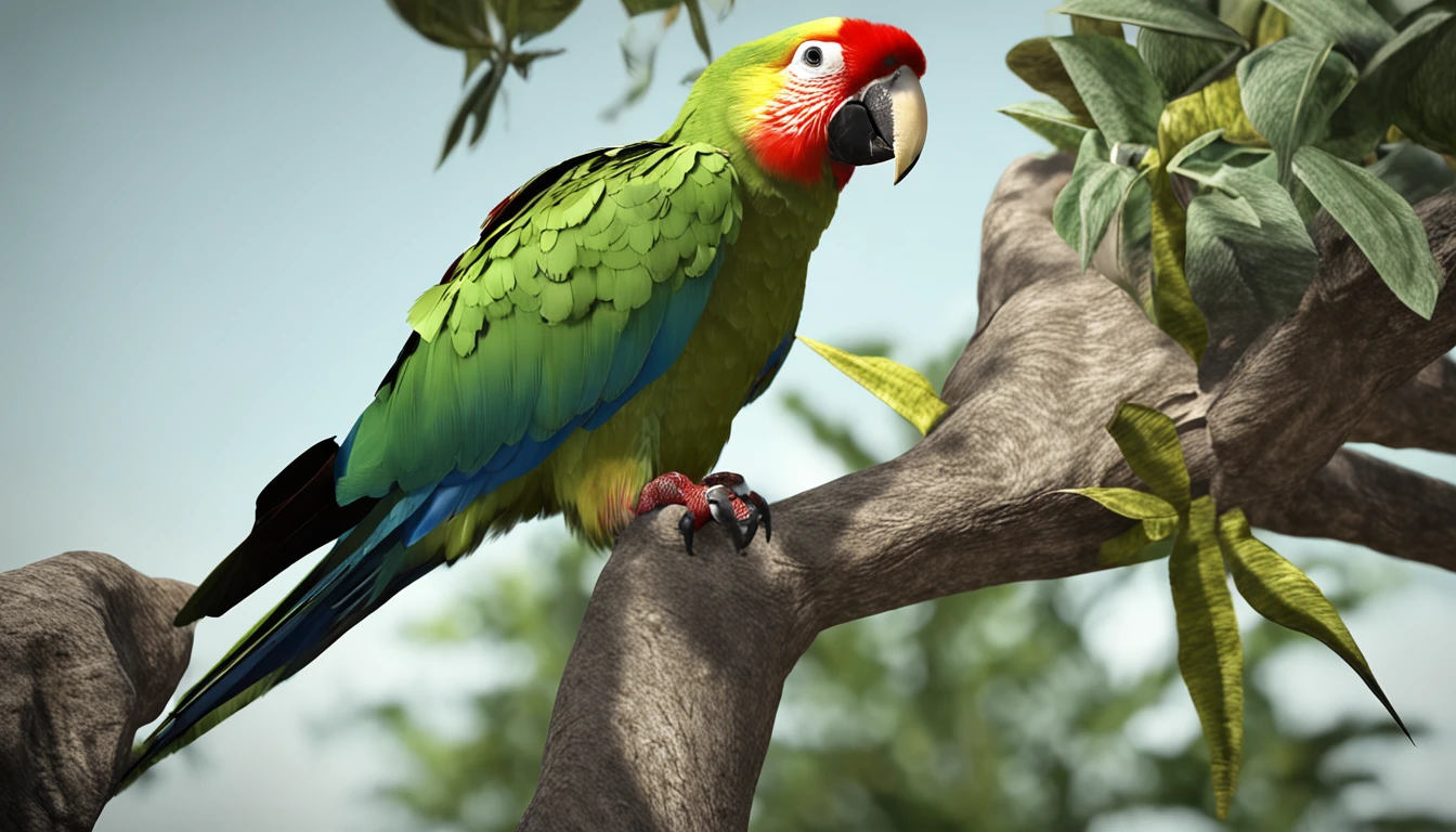 Create an anime-style illustration of a Lutino Quaker parrot (Monk parakeet) with distinctive coloring: the upper half of its head down to its belly should be white, while the rest of its body is bright yellow. The parrot should have big, expressive eyes and a cute, playful expression. Depict the parrot in a fun and lively pose, perhaps perched on a tree branch or interacting with a toy. The background should be colorful and vibrant, featuring a cheerful and sunny natural setting with lush greenery and a clear sky. The overall art style should be similar to that of popular Japanese animators, with attention to detail and a focus on the bird's adorable and social personality.
