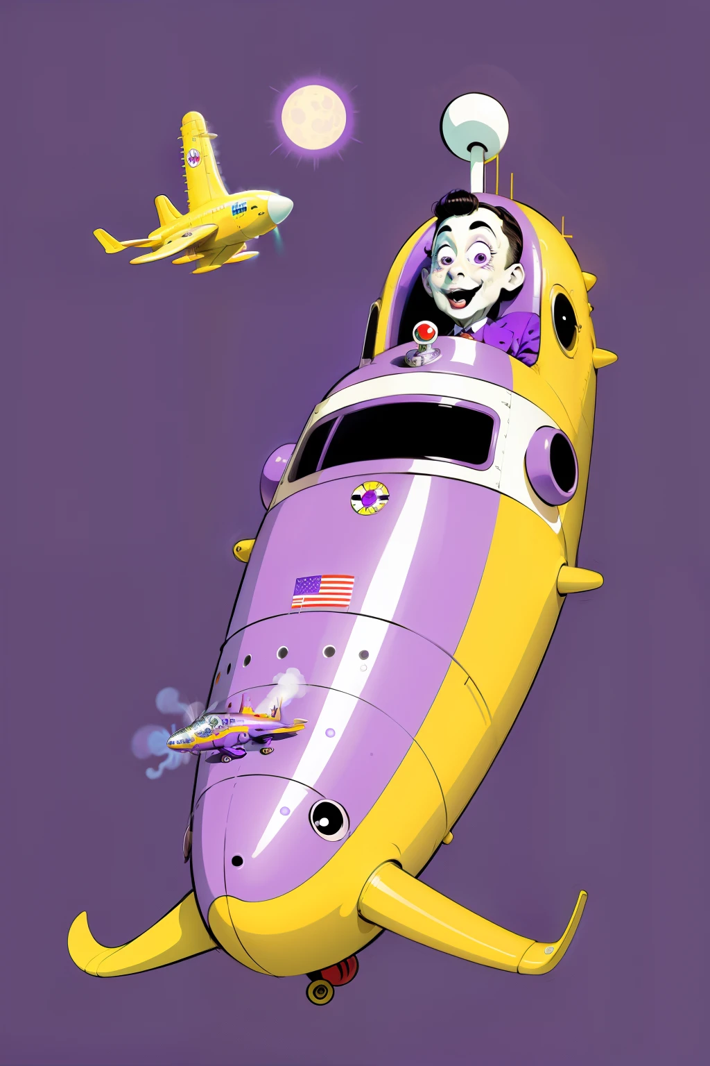 Pee wee Herman on a purple submarine, concept art, 4k, in the style of peter max