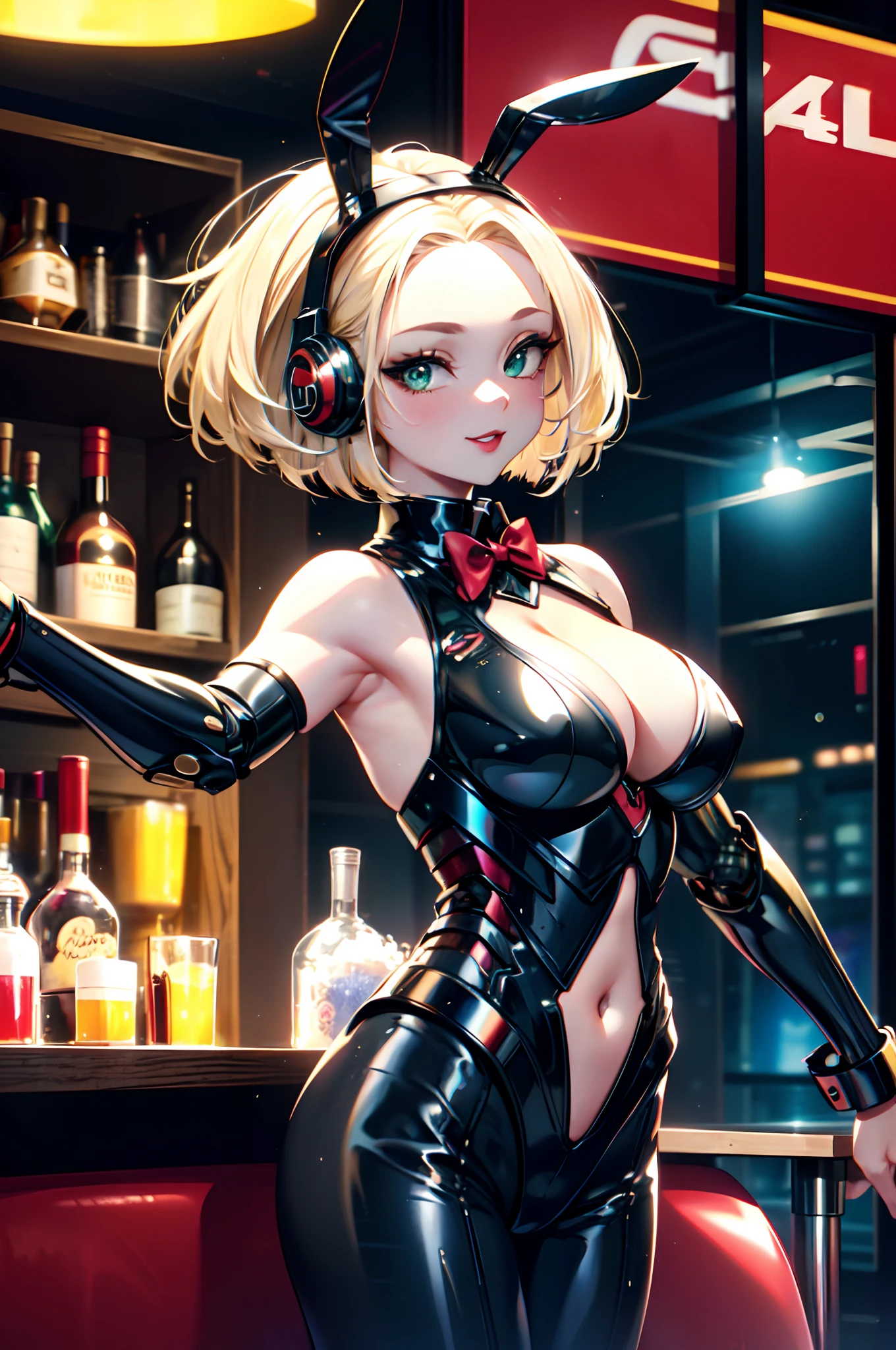 beautiful mechanical woman, solo, (half closed eyes, green eyes), (masterpiece eyes:1.3), BREAK, seductive smile, (mechanical skin:1.1), (exoskeleton leotard:1.3), (bare arms and shoulders:1.3), (cleavage, exposed groin), BREAK, (long eyelashes, red lips), bowtie, rabbit ear headphones, rabbit tail, wrist_cuffs, (blonde hair, bob cut), (forehead:1.3), BREAK, Flat_Chest, Huge_breasts, wide_lower back, (5fingers, 4fingers and 1thumb), BREAK, cyberpunk, (bar), bar counter and round chairs, wine, whiskey, bourbon, neon signboard, Masterpiece, best quality, captures a super cute moment, depth of field, ultra detailed, ultra high resolution, C4D, Octadale, 3D modeling, 8k, 16k,