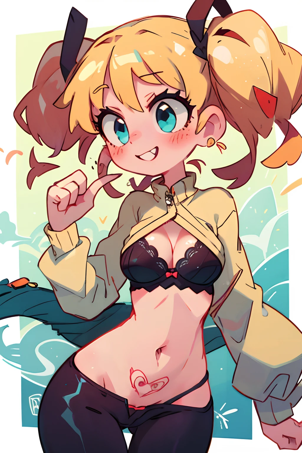 masterpiece, 4k, detailed, extreme detailed, hd, cowboy shot, blonde hair, freckles, long curly red hair, navel, navel shown, short, medium breasts, small cleavage, sexy stomach, legs exposed, thin waist, small frame, red, blushing, heavy blushing, pants, leggings, bra, black lace bra, red dotted bra, cute bra, young adult, tooth, toothy grin, happy, 1 hand pointing at viewer, one hand clenched, twin tails, short twintails, twinkling blue eyes, whale tail, whale tail panties, wide hips, large breasts, thigh gap, pussy peek, overflowing breasts, pant zipper is down, underbelly peek, pubic tattoo on underbelly, full belly, fat mons,