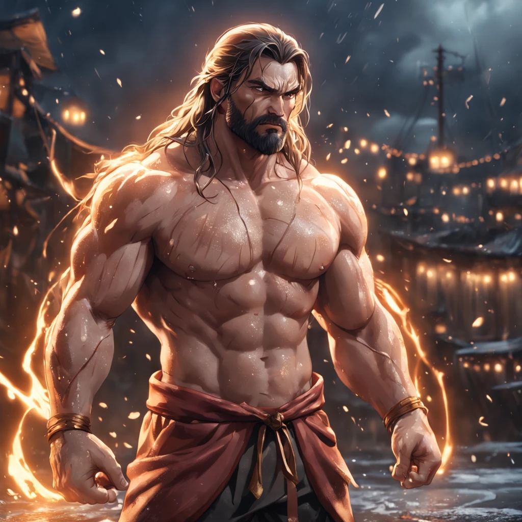 (Professional 3D rendering:1.3) de (Realistic:1.3) Foto de arte mais bonita do mundo,Features soft, bright male heroes, ((Epic hero fantasy rough muscular man wet hero angry look long hair short beard and fierce expression in dynamic pose, fantastic location, majestoso ambiente desordenado)), corpo inteiro 8k unidade render, action shot, poros da pele, very dark lighting, sombreamento pesado, circunstanciado, Rosto detalhado, (vibrante, fotogrdeia realista, Realistic, Dramatic, Escuro, foco nítido, 8k), (Old leather clothes damaged by bad weather:1.4), ((((Use peles)))), (intrincado:1.4), decadente, (altamente detalhado:1.4), pintura digital, rendering by octane, art stations, Conceito-Arte, liso, foco nítido, illustration, germe da arte, (Loish:0.23), Wlop Ilya Kuvshinov, e Greg Rutkowski e Alphonse Mucha Gracias, (global ilumination, studiolight, Light Volumetric), chuva forte, floating particles, patife, fantasia, Onze, corpo inteiroesbian, ((Fundo escuro e antigo da cidade:1.3)),CGSesociedade,art stations