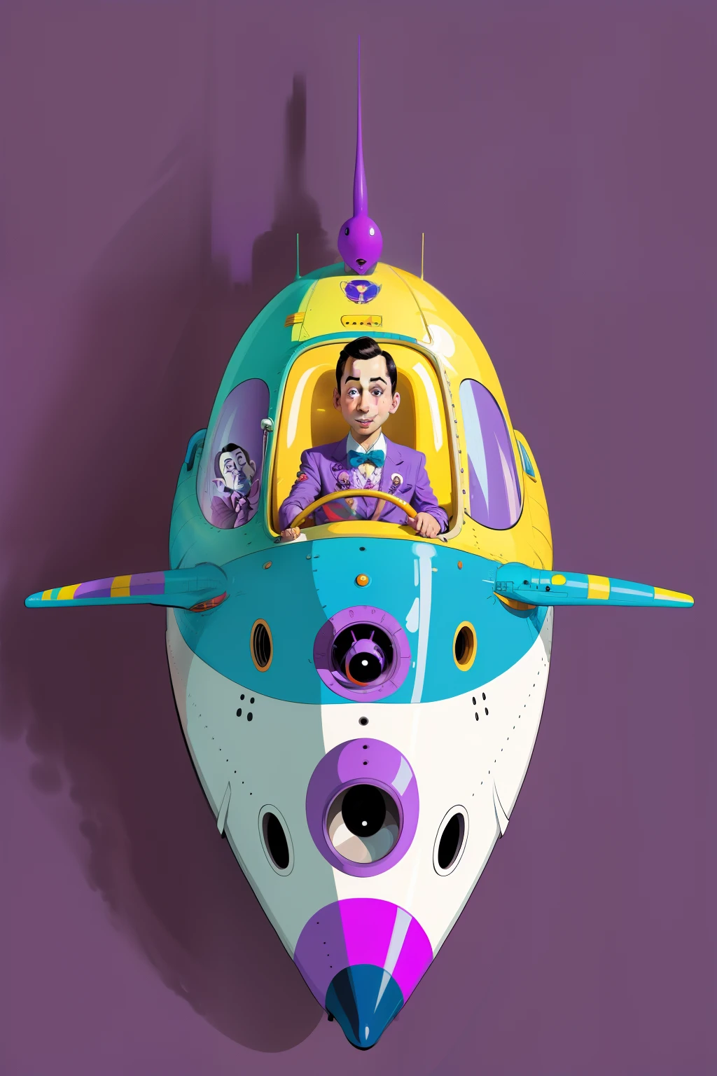Pee wee Herman on a purple submarine, concept art, 4k, in the style of peter max