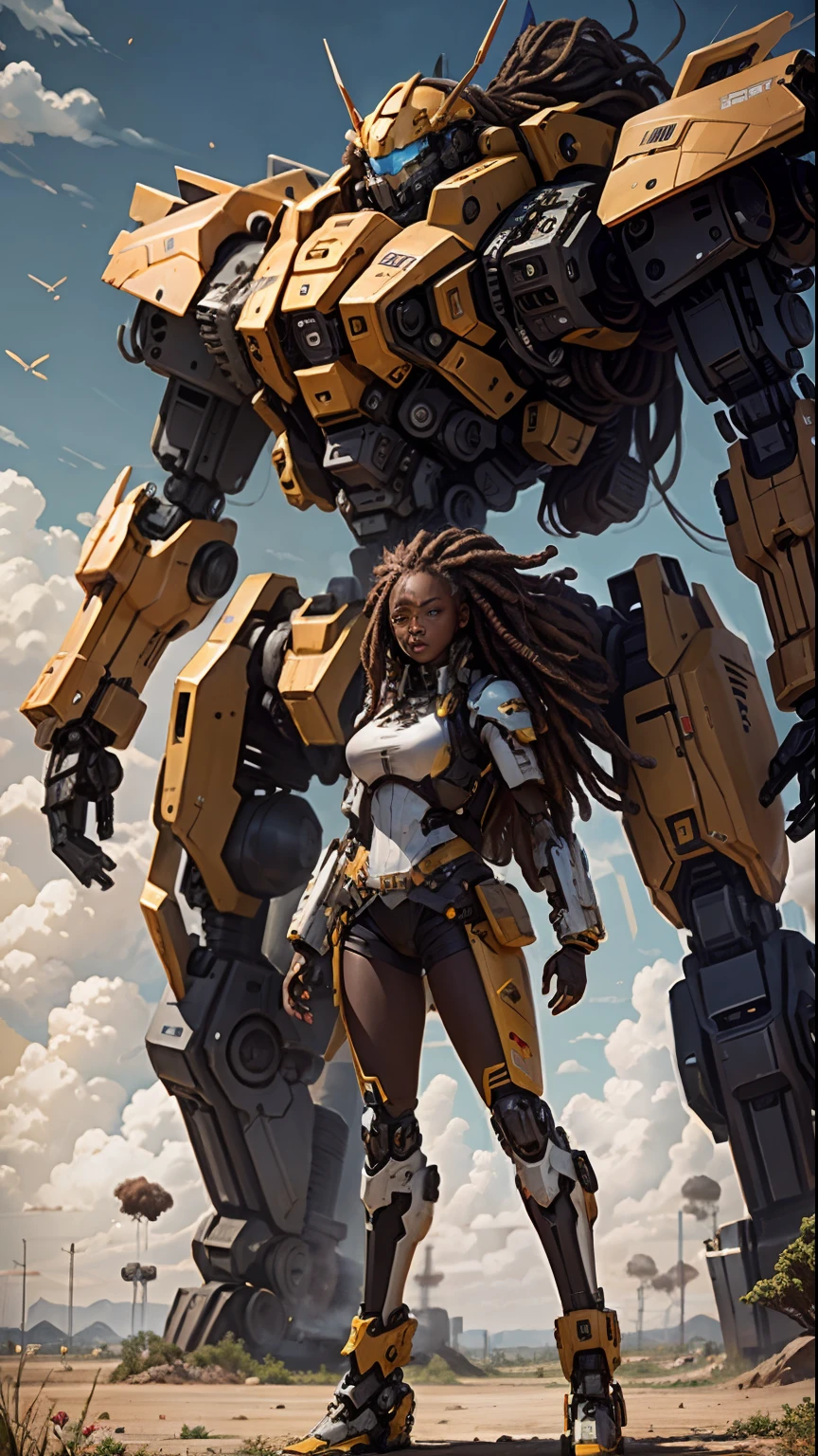 black woman with dreads standing ready for war with her huge Mecha standing behind her