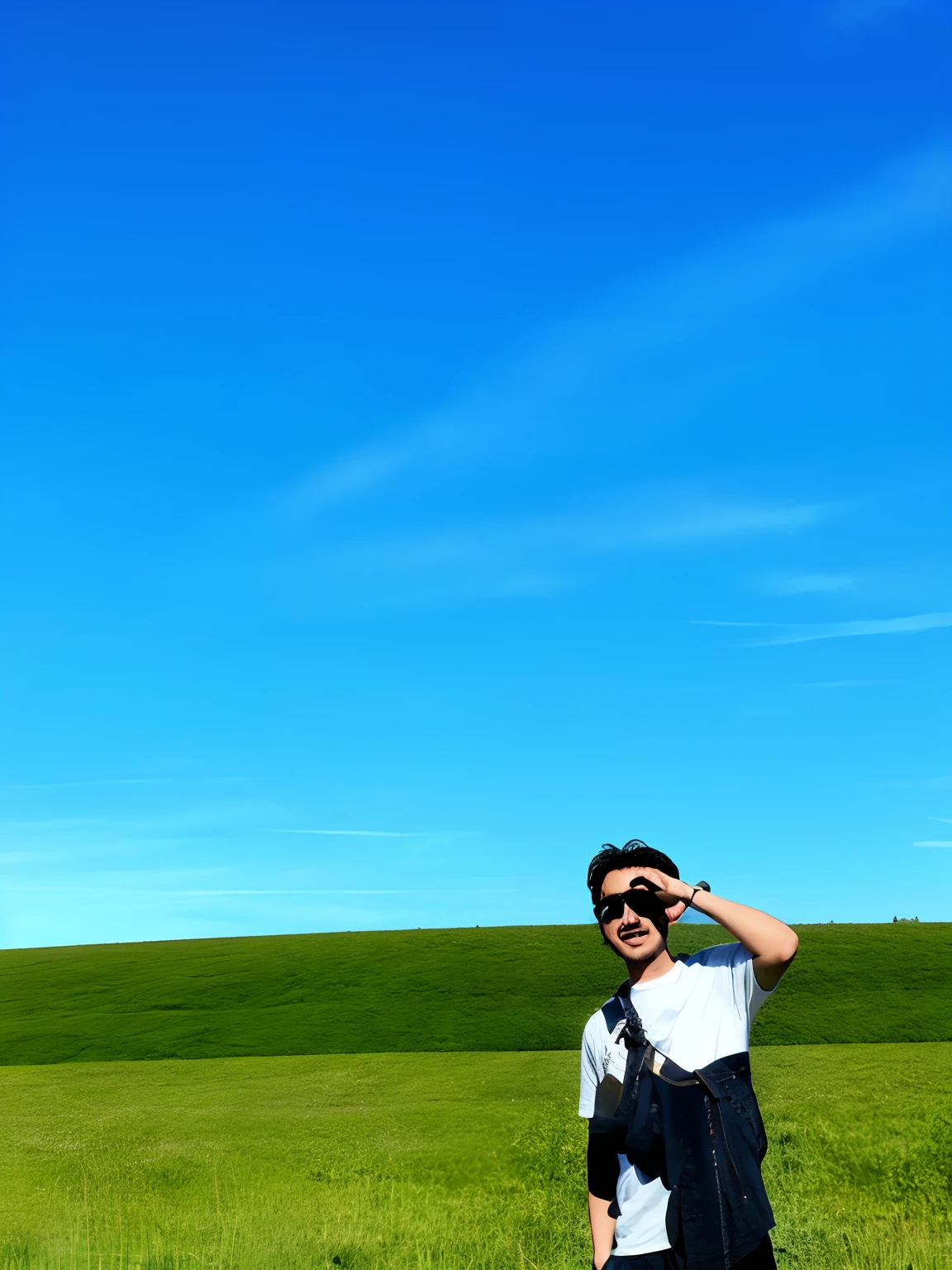 there is a man standing in a field with a kite in the sky, in a large grassy green field, looking at the sky, on a green hill, on a sunny day, there is blue sky, looking to the sky, looking into the distance, looking off into the distance, visible from afar!!, clear sunny day, blue sky and green grassland