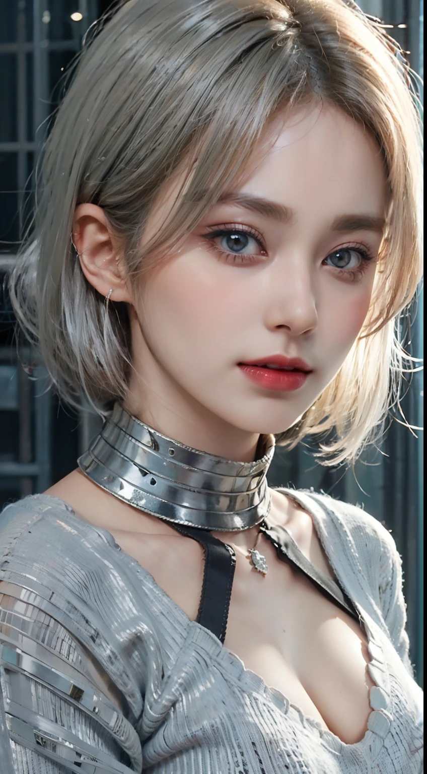 Medium Shot Shot, Beautiful woman looking at camera, White hair, Chris Foss falls off his shoulder sweater