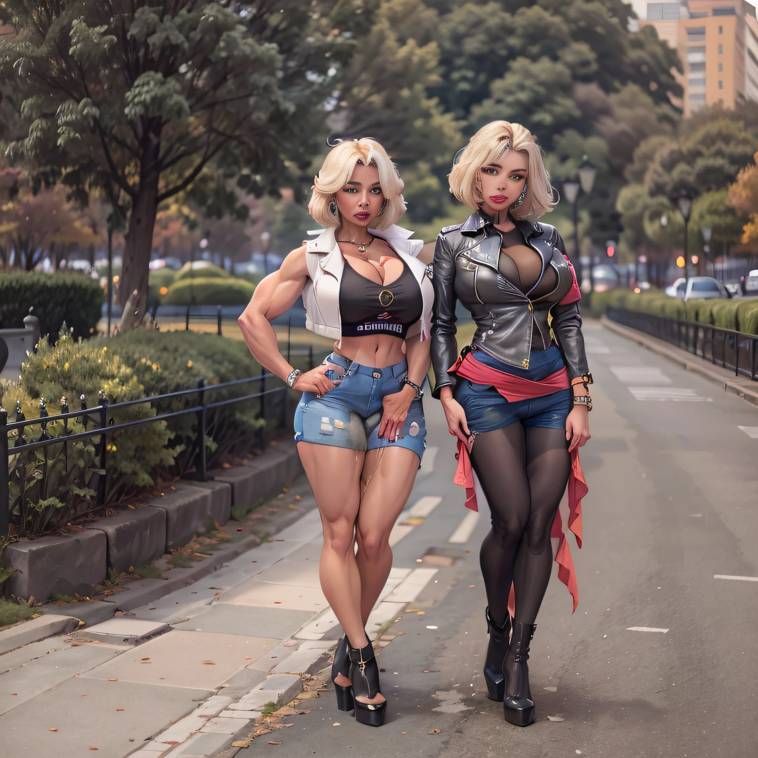 Brazilian, ganguro girl, beatiful face, Bob haircut, Two girls, sexy secretary, muscular legs, muscular calves, Strong legs, muscular hips, wide thighs, Curvy hips, A full body shot, high-heeled sandals, tights in a net, mid-thigh boots, Short denim skirt, leather jacket, large ring earrings, He really wants to pee, walking at the park, On a date, Cuddling, Coming soon, wants to pee, desperately wants to pee, Dance with urine, wants to urinate, An expression of shame on his face, confusion, Desperation on the face, crying, pinches the crotch with his hand, crumples the hem of the skirt with his hands, Knees clenched together, Tense posture, bites his lower lip, full bladder, terribly wants to go to the toilet, anatomically correct, Realistic,