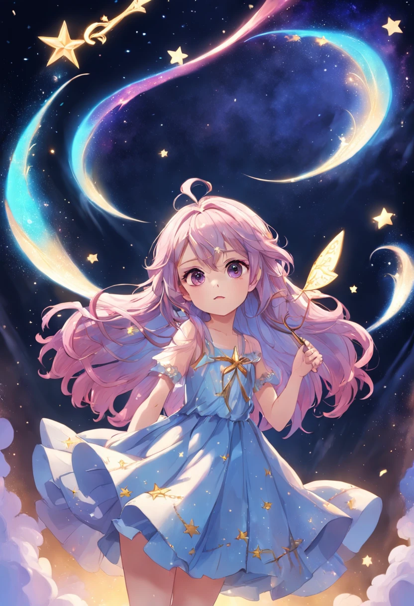 Imagem para livro infantil. children 6 years. Fantasia. Personagem. Fundo branco. Fada. barnet. Cabelo dourados. Cabelo cacheados. Smoky hair. Olhos grandes. Olhos azuis estrelados. Sorriso radiante. Rosto delicado. Wand in left hand. Small magic wand. Wand magic with star on tip. Varinha brilhando dourado. Corpo magro. Dress of rose petals. Vestido colorido arco-iris. Pernas escondidas. Vestido longo. Dress hiding legs and feet. Asas cintilantes. Asas de fadas. Asa pequena. Brilho saindo da asa. Pequenas estrelinhas saindo da asa. Corpo inteiro. Corpo inteiro voando. Corpo voando no ceu. Starry sky background. Fundo de seu noturno.