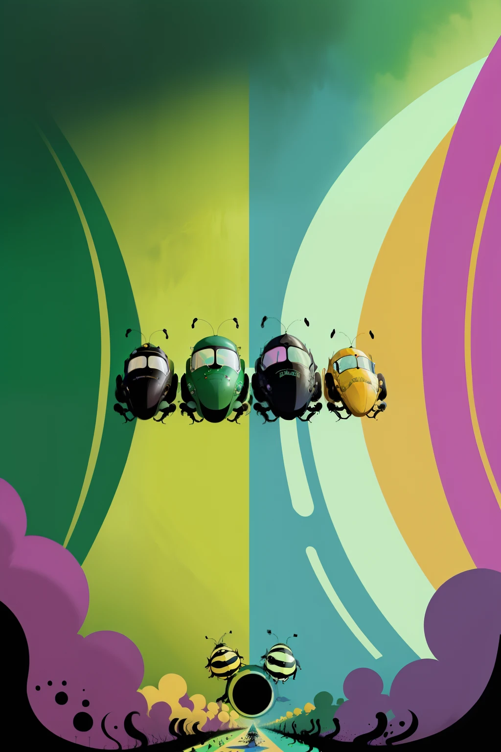 The beetles on a green submarine, beetles, Beatles, chaos, concept art, 4k, in the style of peter max