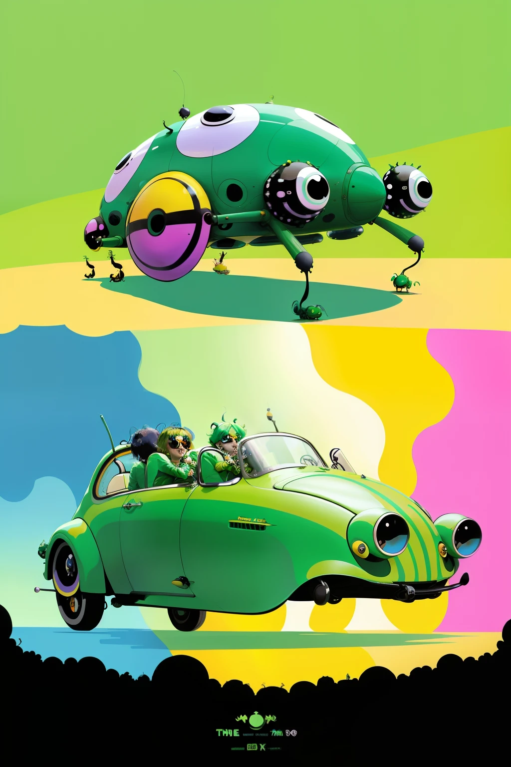 The beetles on a green submarine, beetles, Beatles, chaos, concept art, 4k, in the style of peter max