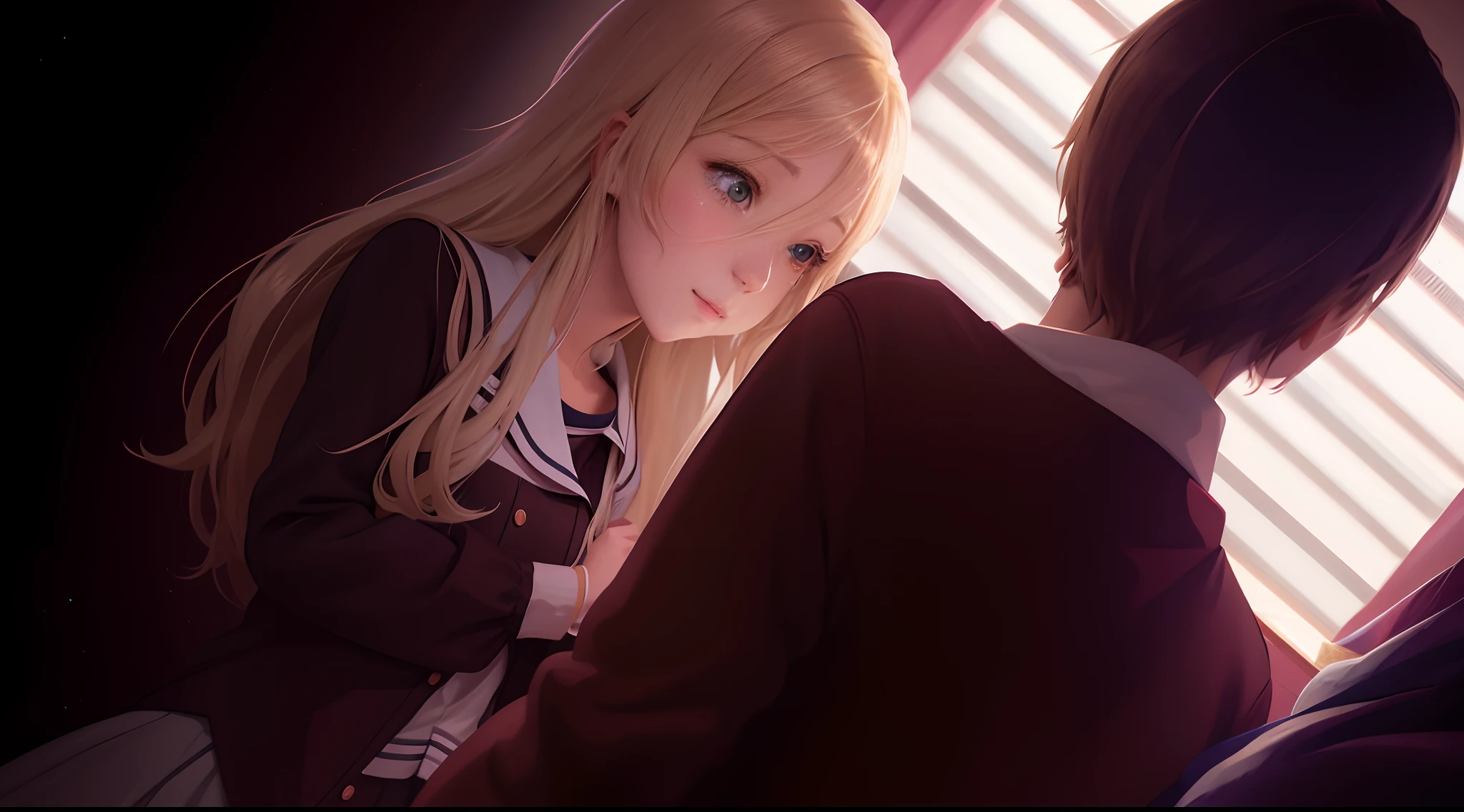 Anime girl looking at a guy in a dark room, the anime. soft-lighting, anime visual of a cute girl, blonde anime girl with long hair, smooth anime cg art, Long Hair Anime Girl, beautiful anime high school girl, painted in anime painter studio, made with anime painter studio, anime best girl, soft anime illustration, ssmile