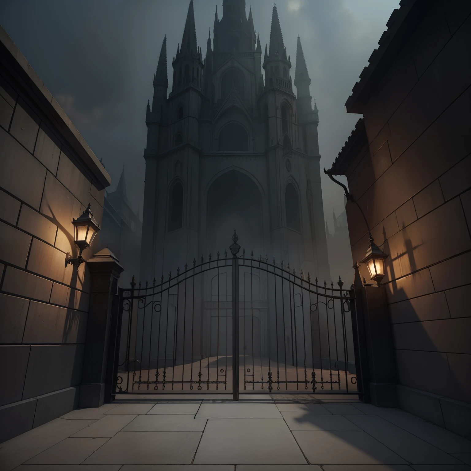 There is a city with a large concrete wall in the Victorian era, Dark and hazy scenery. Out came an iron gate. Angulo cores fantasia